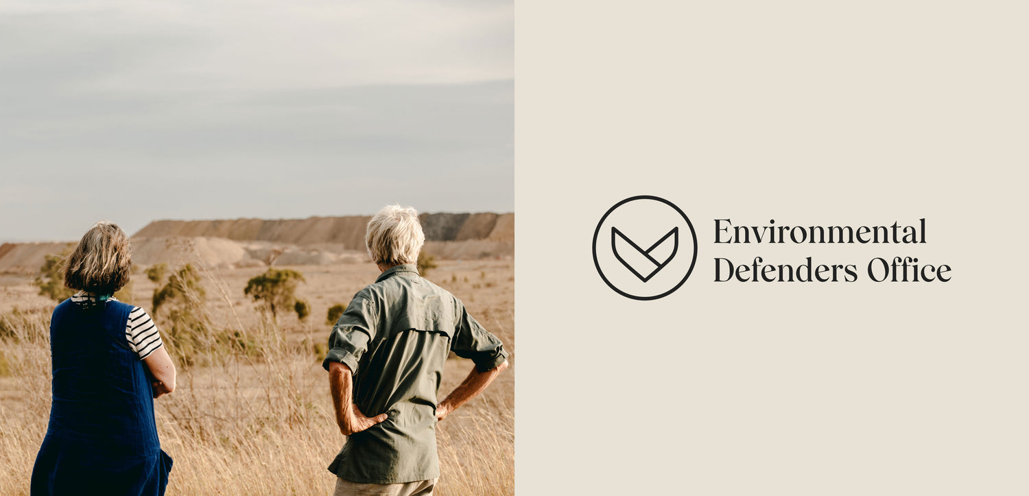 Logo of Environmental Defenders Office alongside two individuals observing a mining site in a natural grassland landscape