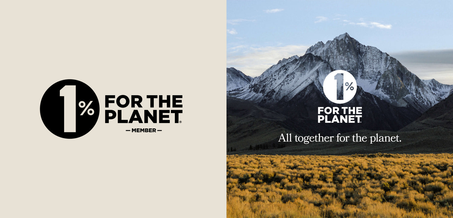 Visual for 1% for the Planet featuring text and a mountain landscape with the tagline 'All together for the planet'