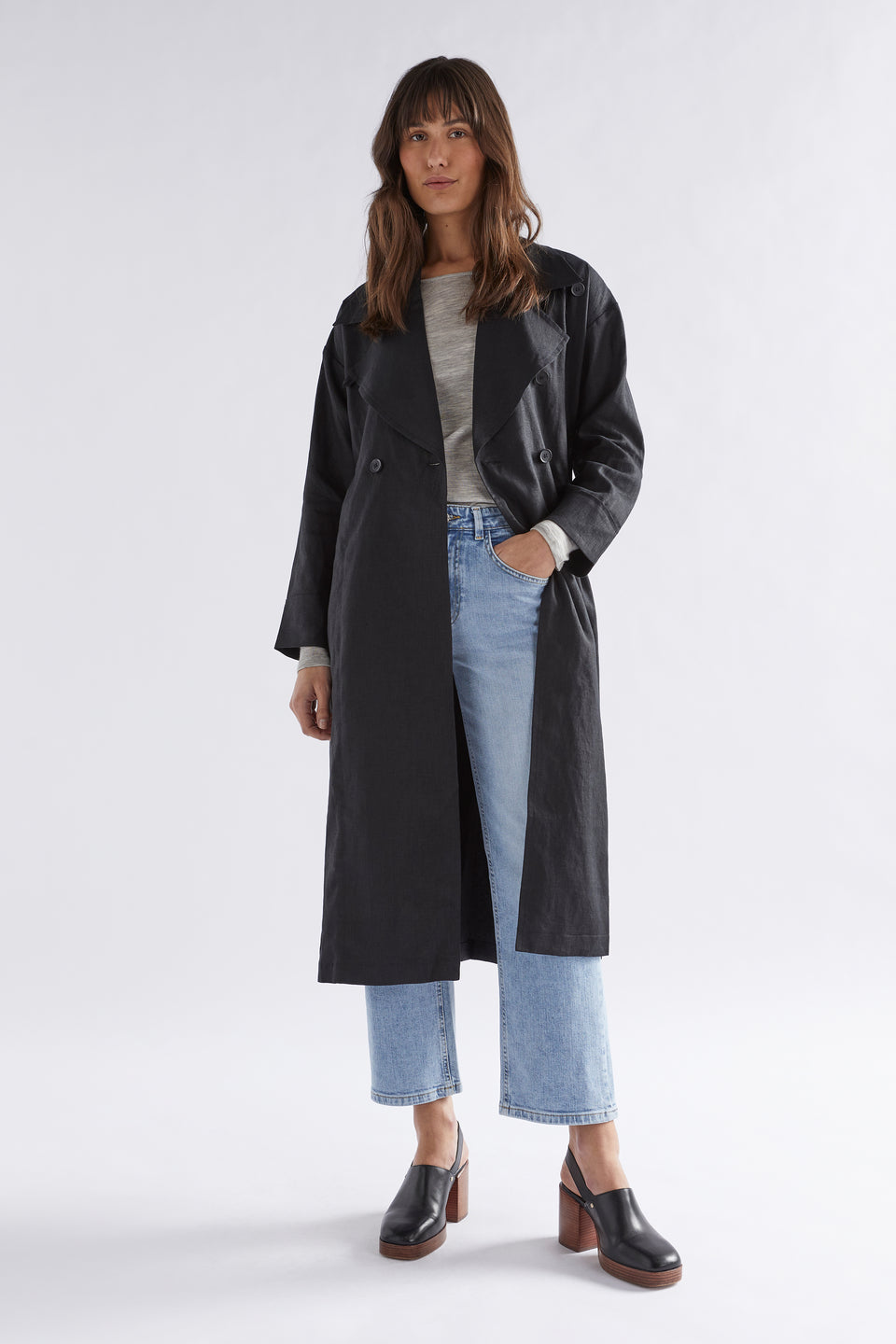 Anneli French Linen Trench Coat Model Front | BLACK