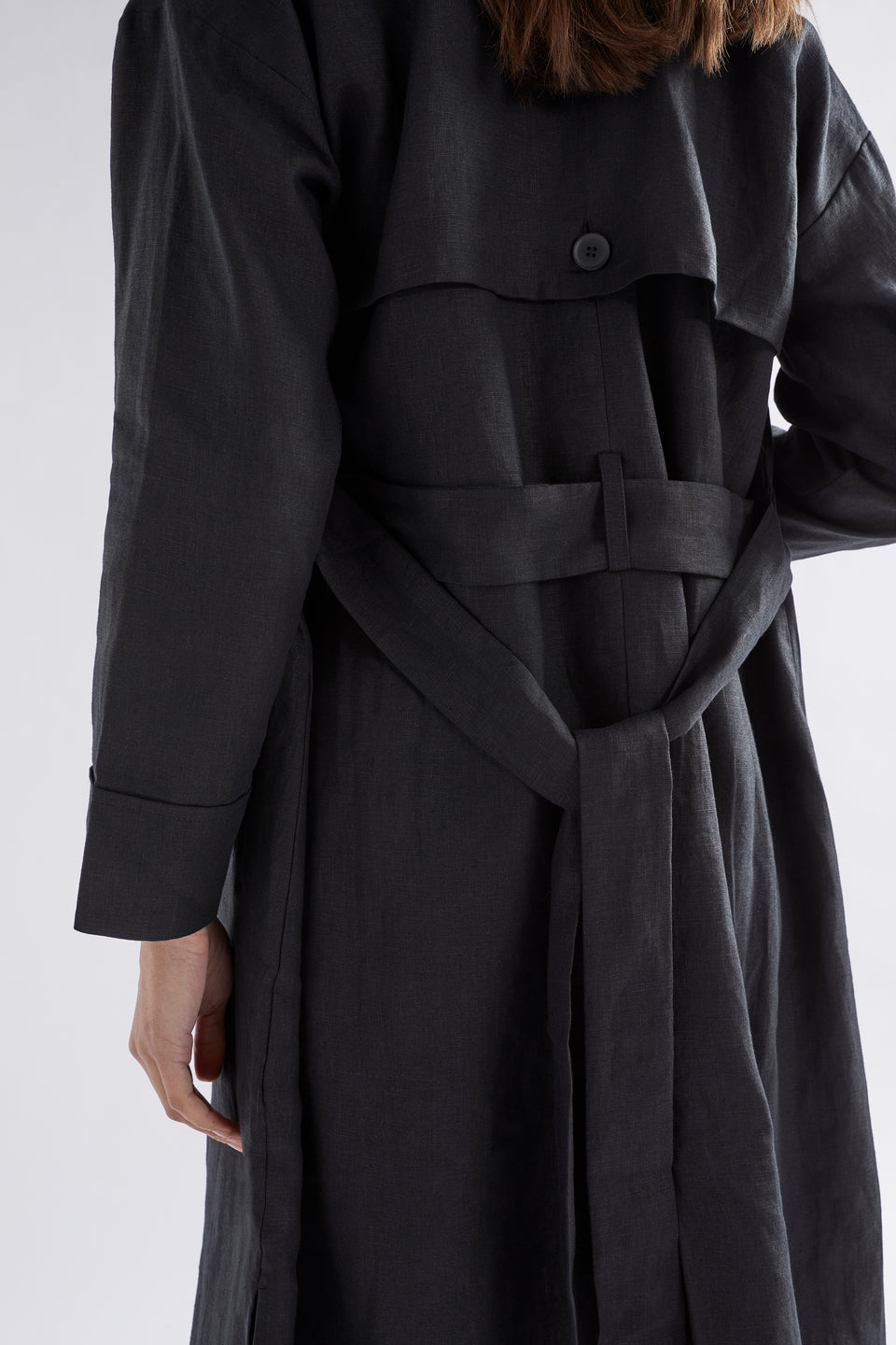 Anneli French Linen Trench Coat Model Back Detail Tied | BLACK