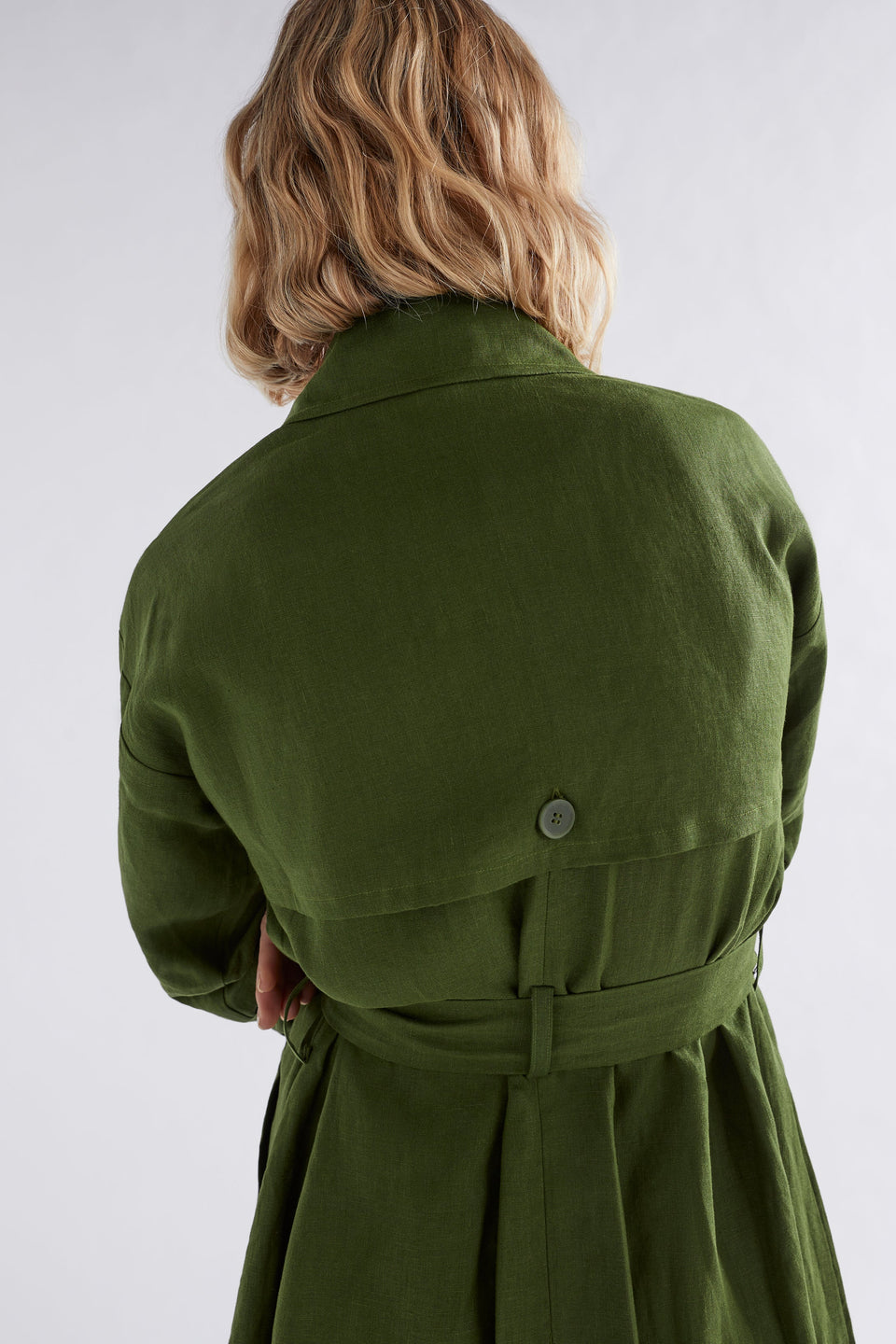 Anneli French Linen Trench Coat Model Back Detail | OLIVE