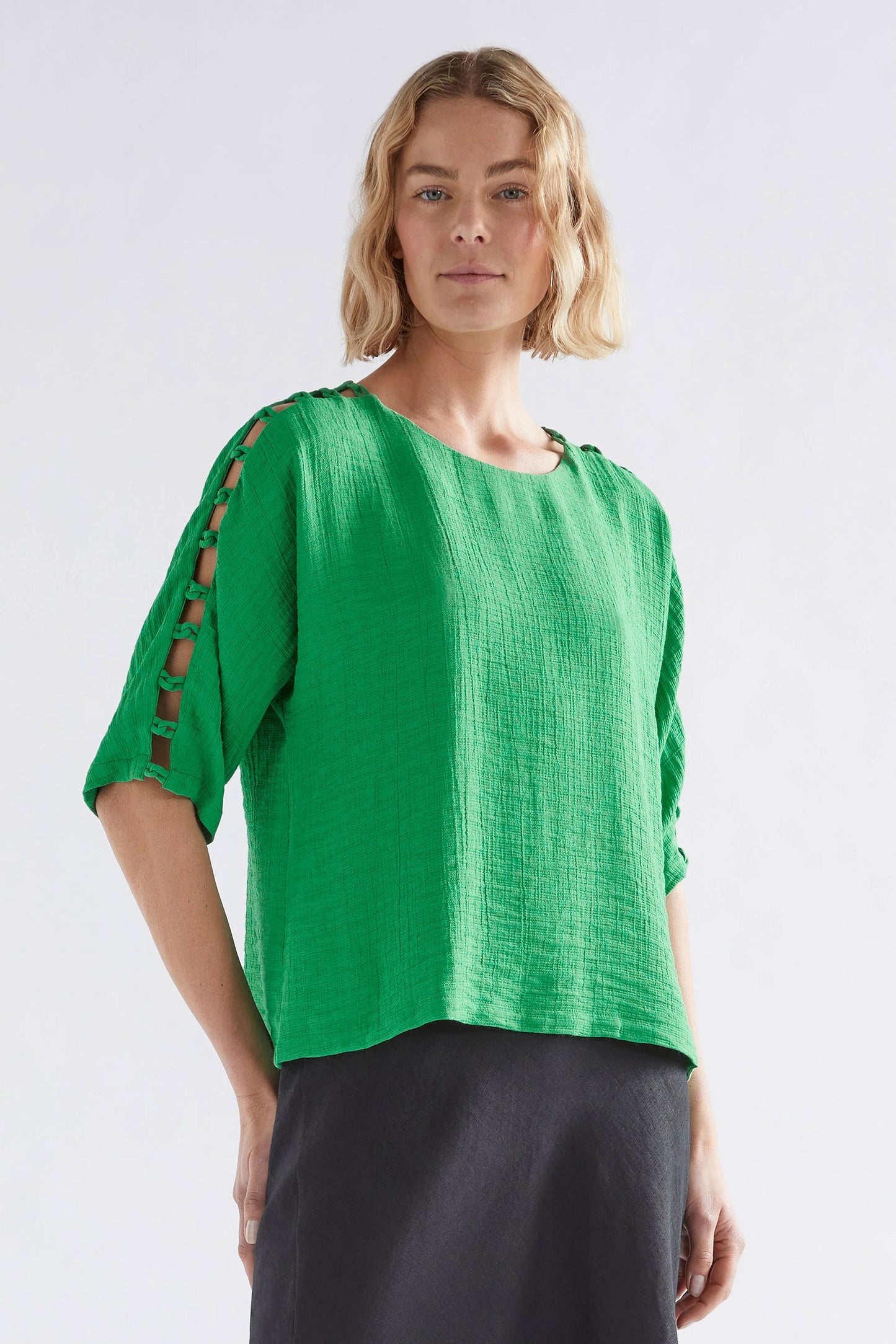 Loopt Crinkle Top with Loop Sleeve Detail Model Front | LAWN GREEN