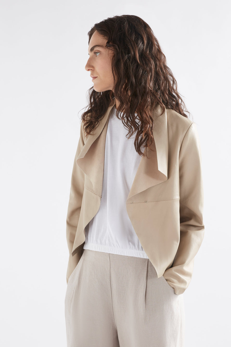 Fine Leather Lightweight Jacket Model Angled Front | STONE 