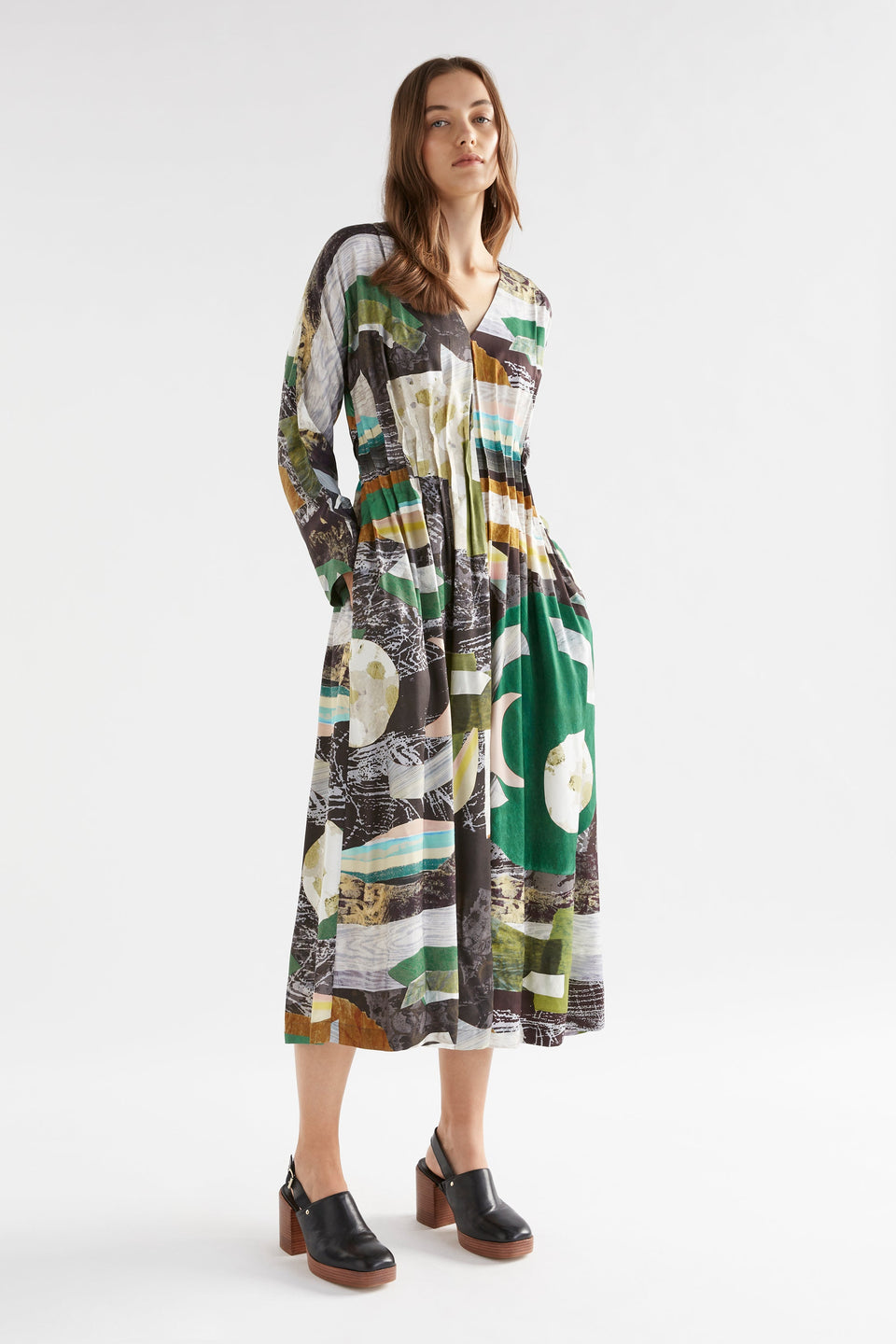 Lenne V Neck Print Long Sleeve Midi Dress with Pin Tuck Detail Model Front | LUNA PRINT