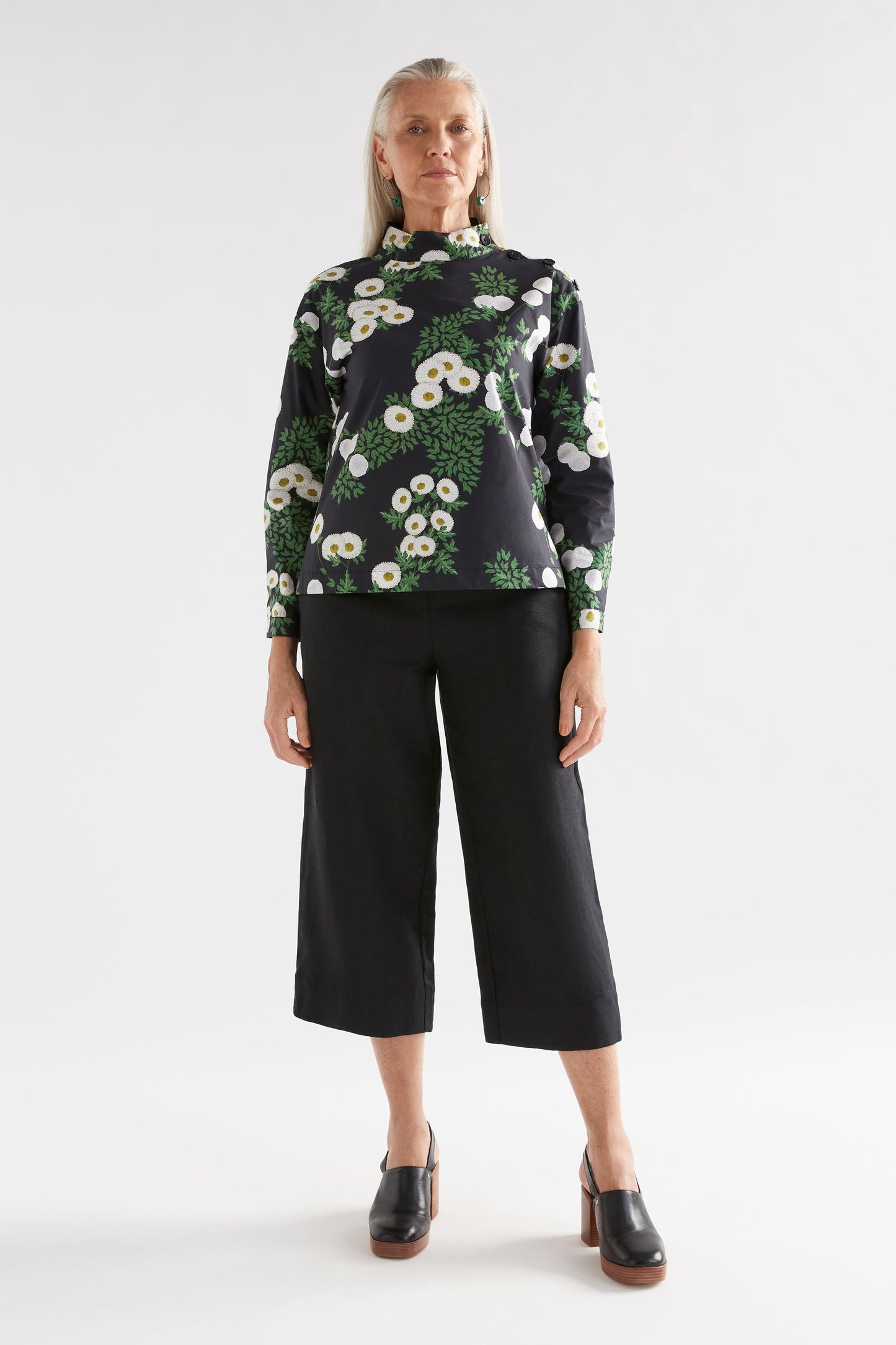 Blaec Cotton Print Turtle Neck Button Detail Top Model Front Full Body  | FIELD PRINT