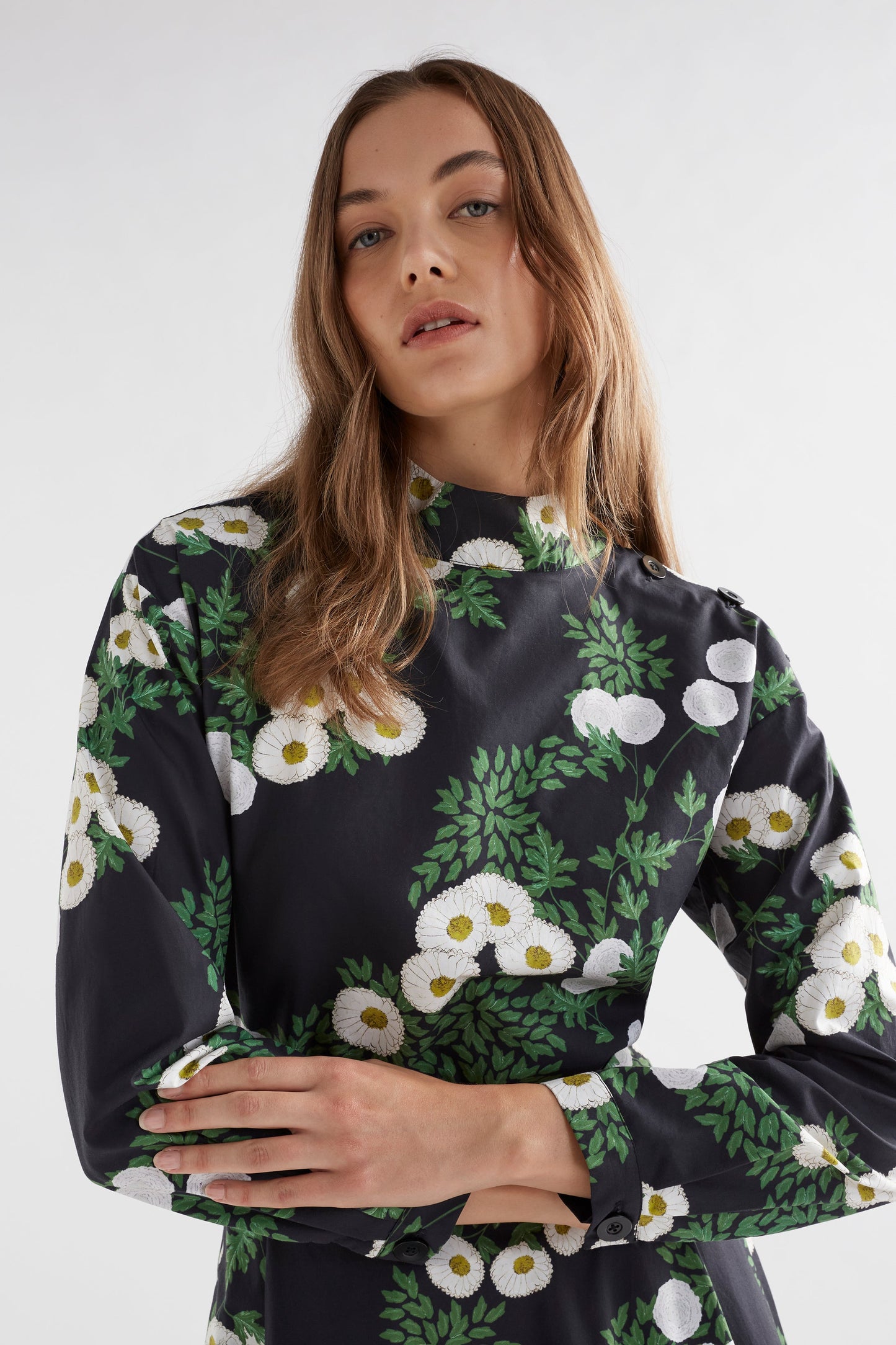 Blaec Cotton Print Turtle Neck Button Detail Top Model Front | FIELD PRINT