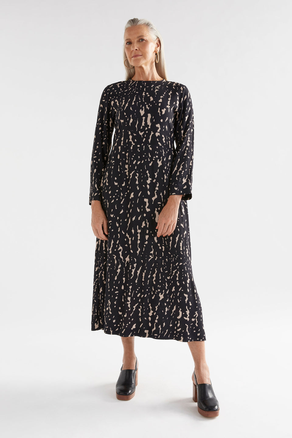 Solina Long Sleeve Midi Print Dress with Shirring Detail Model Front | GIOTTO PRINT