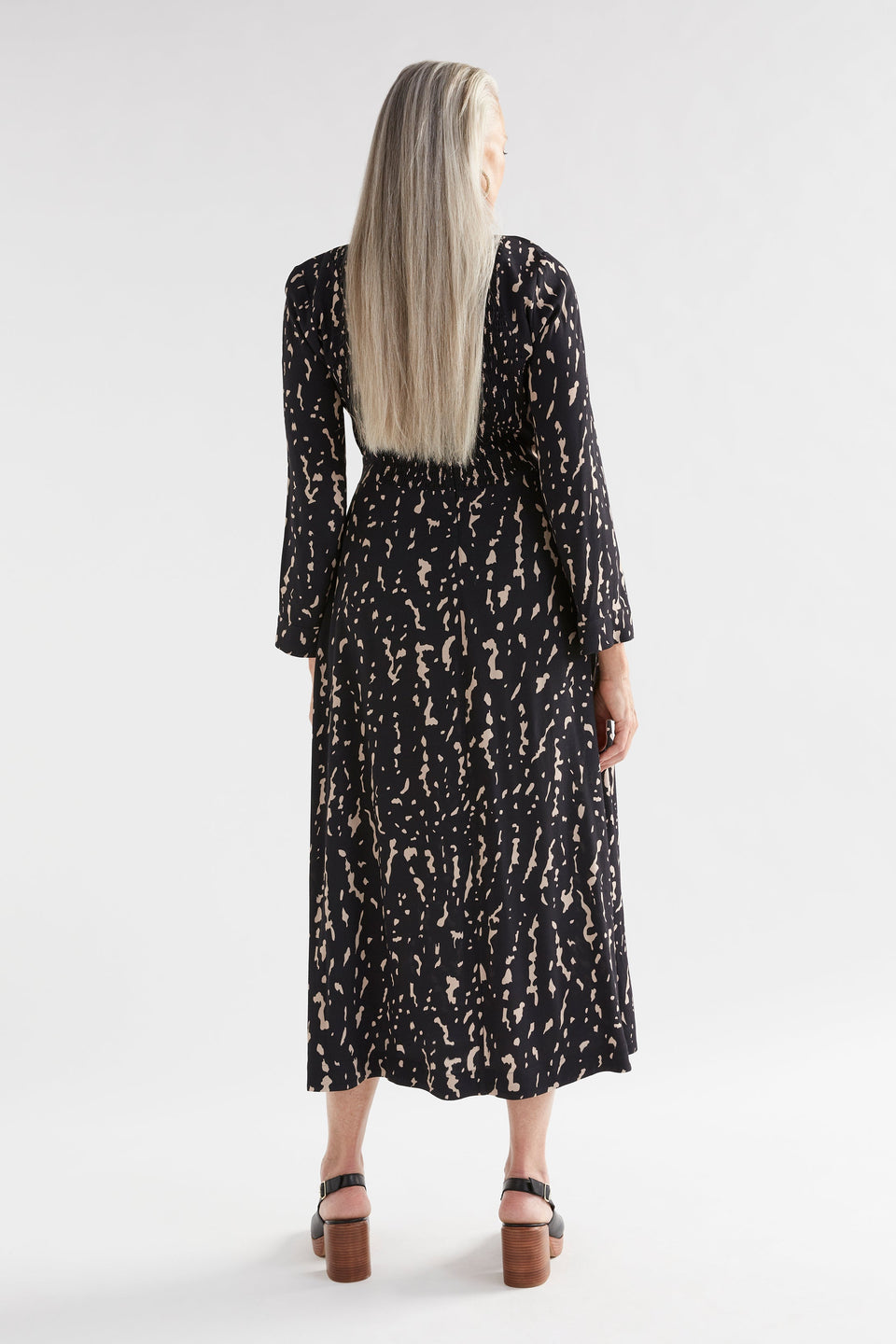 Solina Long Sleeve Midi Print Dress with Shirring Detail Model Back | GIOTTO PRINT