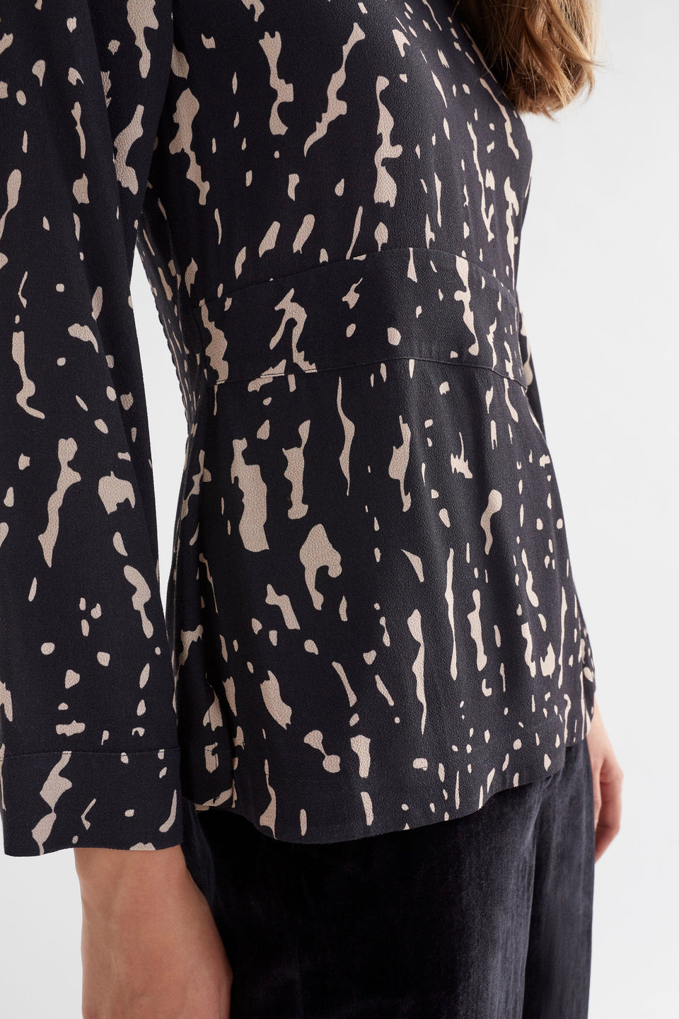 Solina Long Sleeve Waisted Crew Neck Top with Shirring Detail Model Side Detail | GIOTTO PRINT
