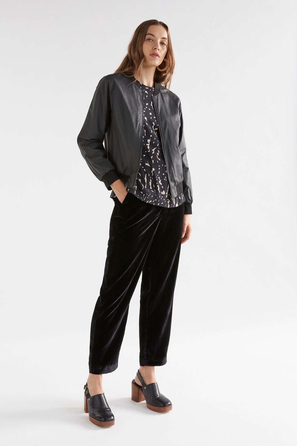 Lustre Leather-Look Bomber Jacket Model Front Full Body | BLACK