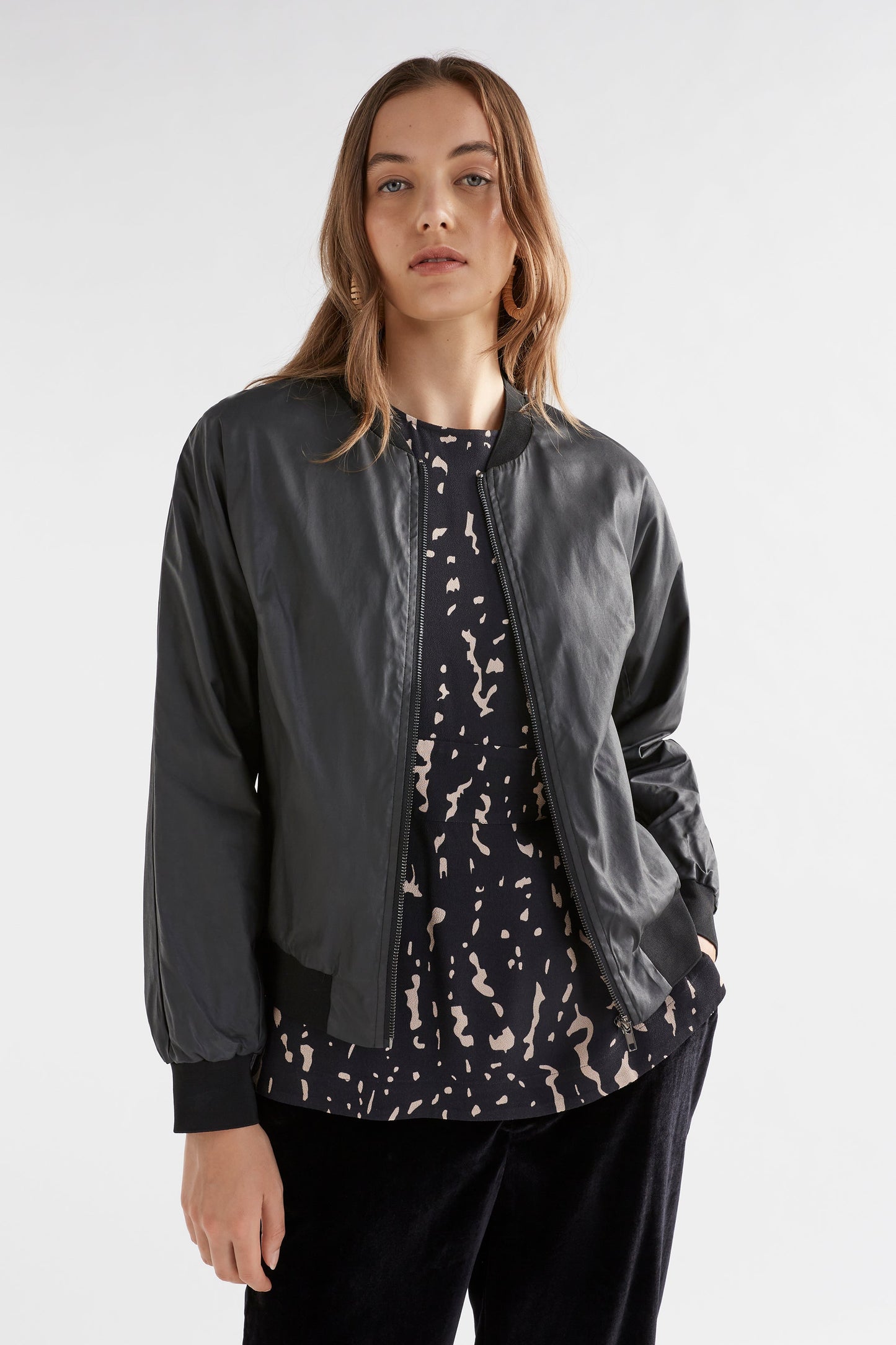 Lustre Leather-Look Bomber Jacket Model Front | BLACK