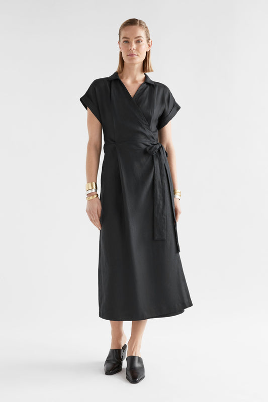 Minnen Linen Short Sleeve Wrap Shirt Dress Model Front | BLACK