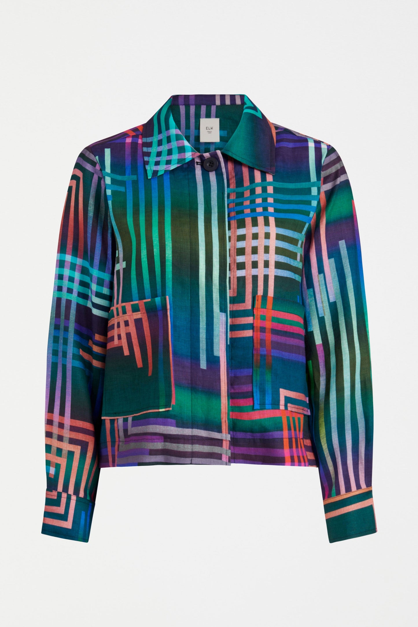 Minnen Print Linen Patch Pocket Collared Lightweight Jacket Front | NAVY LIGHETEN PRINT