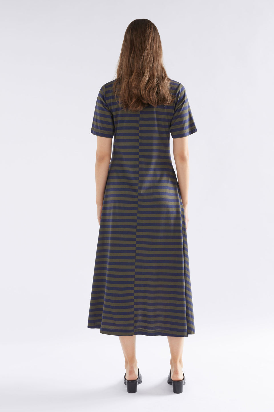 Dega Organic Cotton Stripe Jersey T-shirt Dress Model Back | NAVY OLIVE
