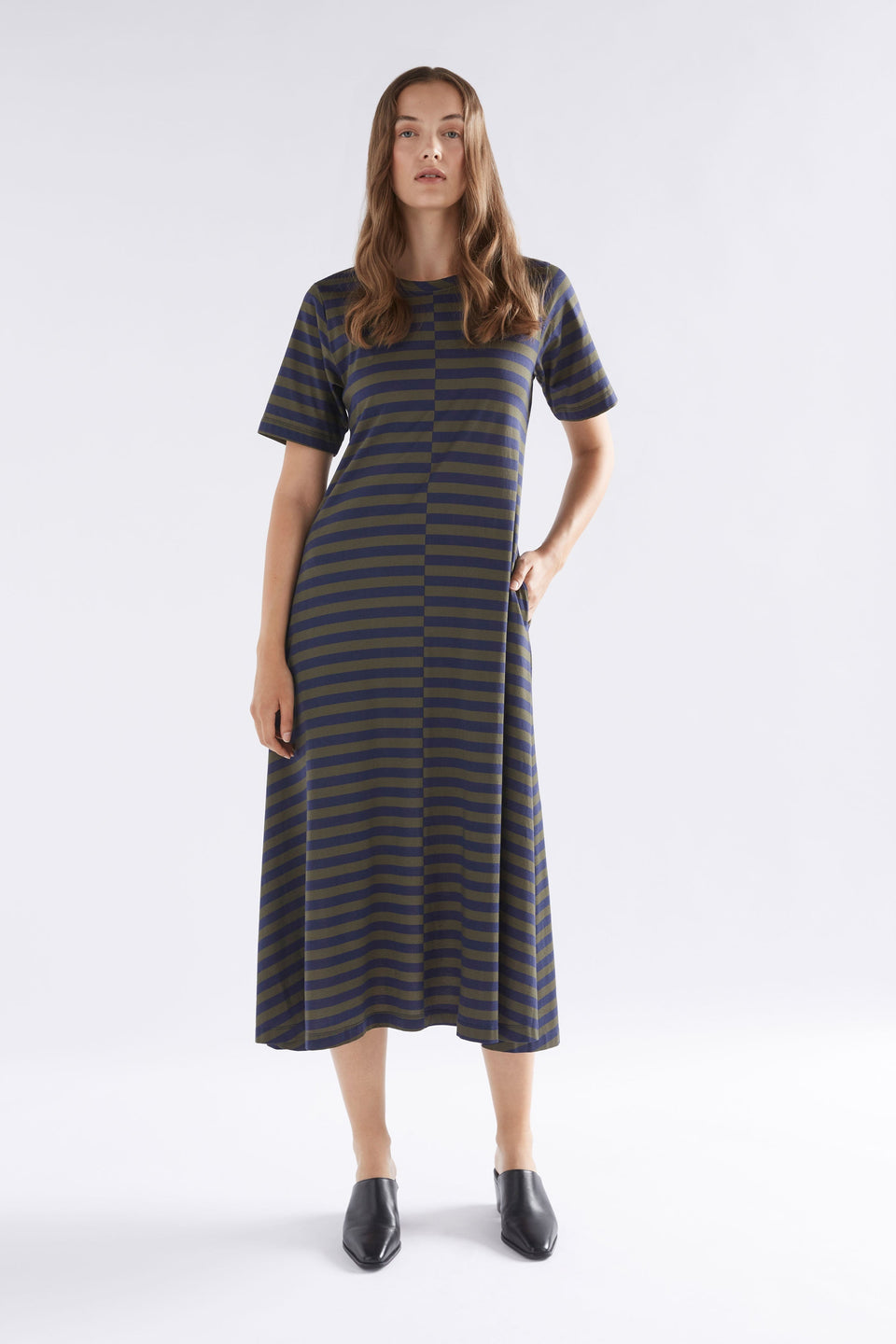Dega Organic Cotton Stripe Jersey T-shirt Dress Model Front | NAVY OLIVE