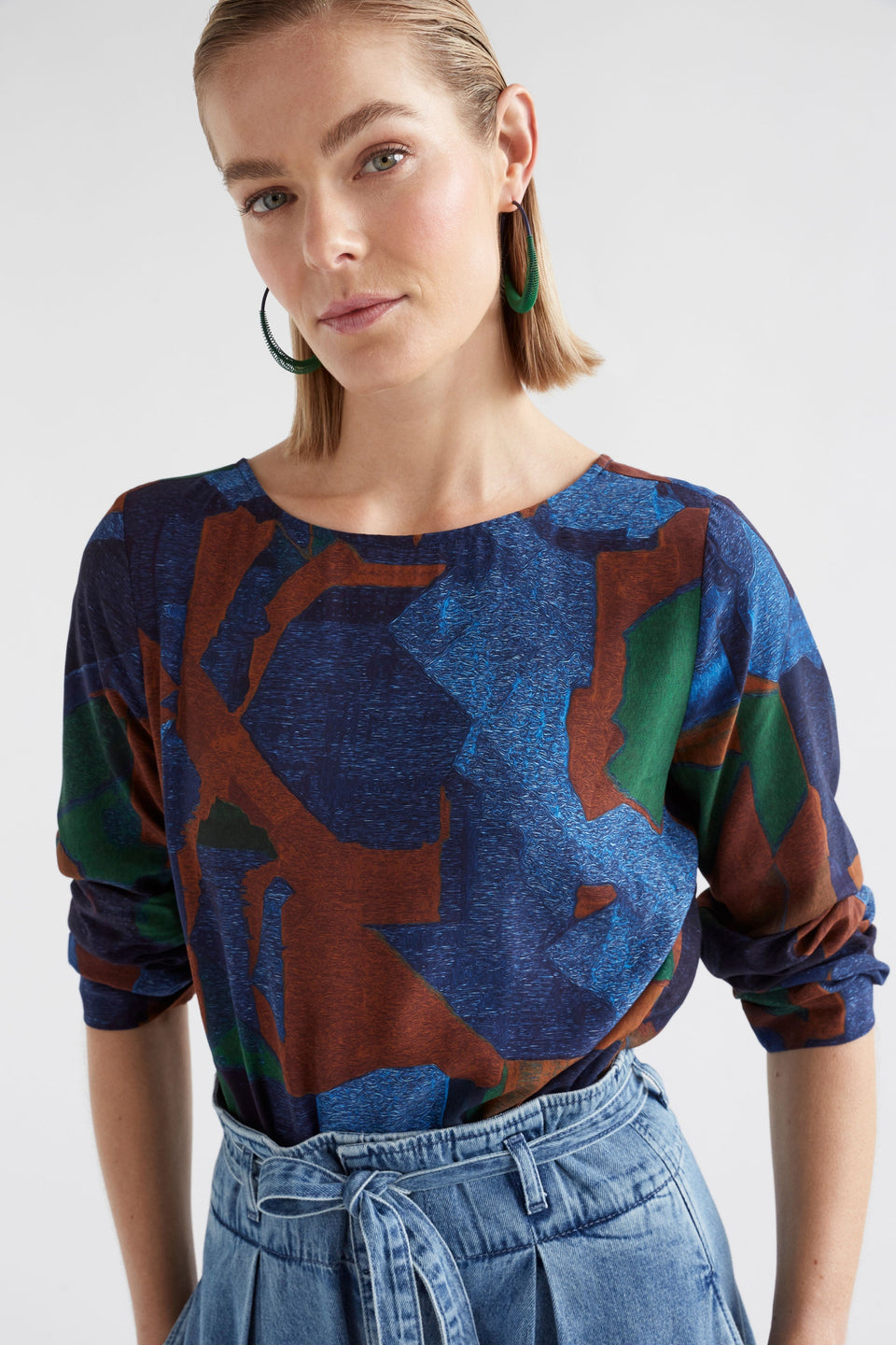 Dega Long Sleeve Silky-Feel Print Top Model Front Detail | ORDA PRINT