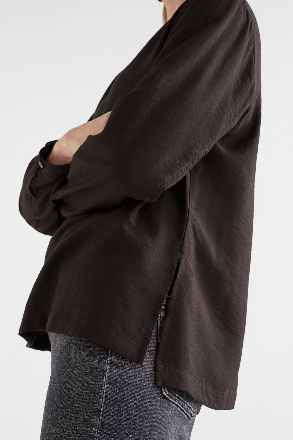 The Allt Round Neck Cuffed Long Sleeve Top Model Side Detail | BLACK