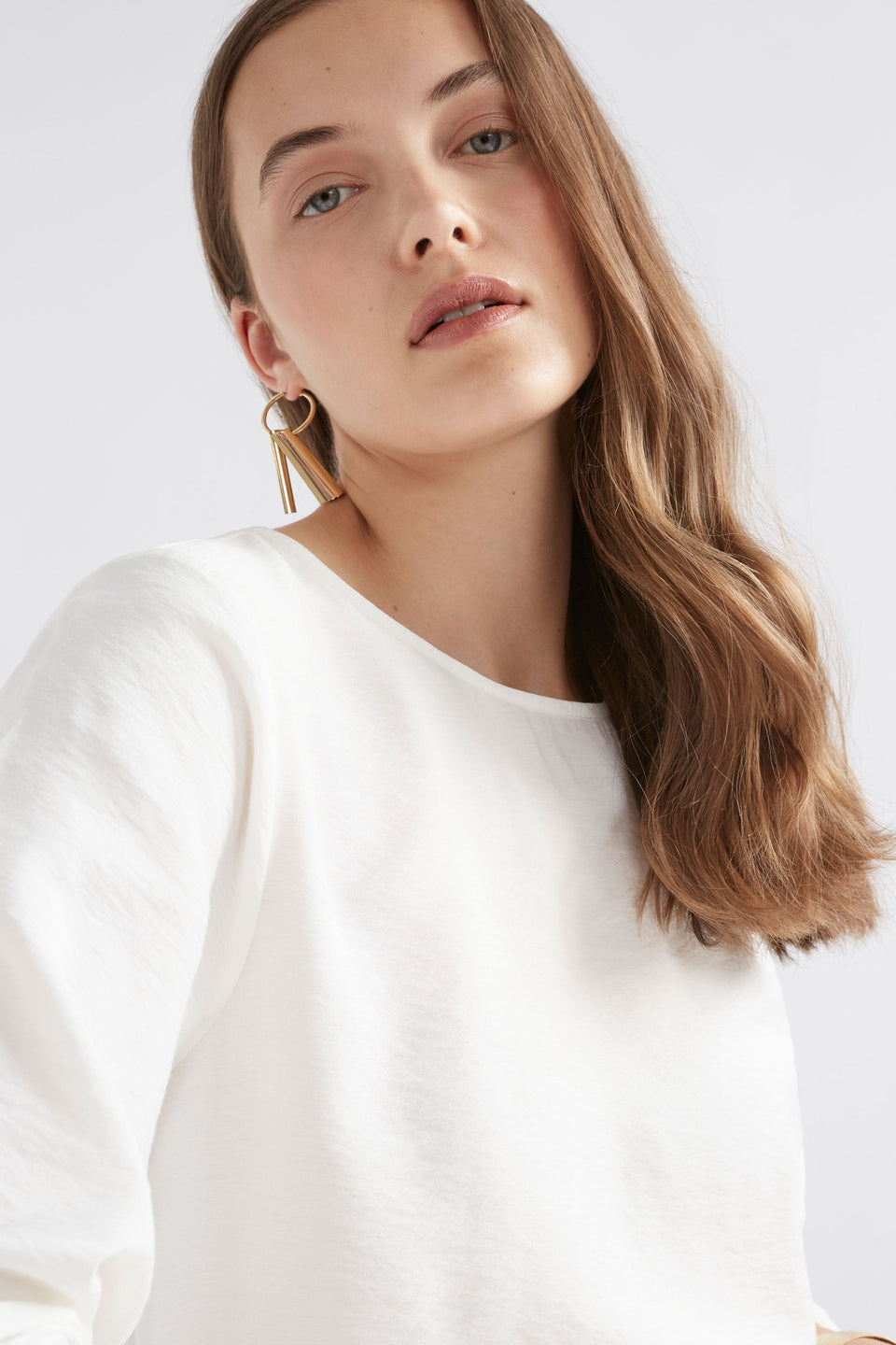 The Allt Round Neck Cuffed Long Sleeve Top Model Front Detail | WHITE
