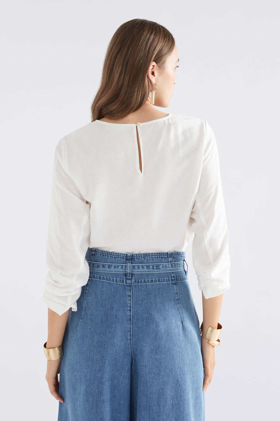 The Allt Round Neck Cuffed Long Sleeve Top Model Back | WHITE