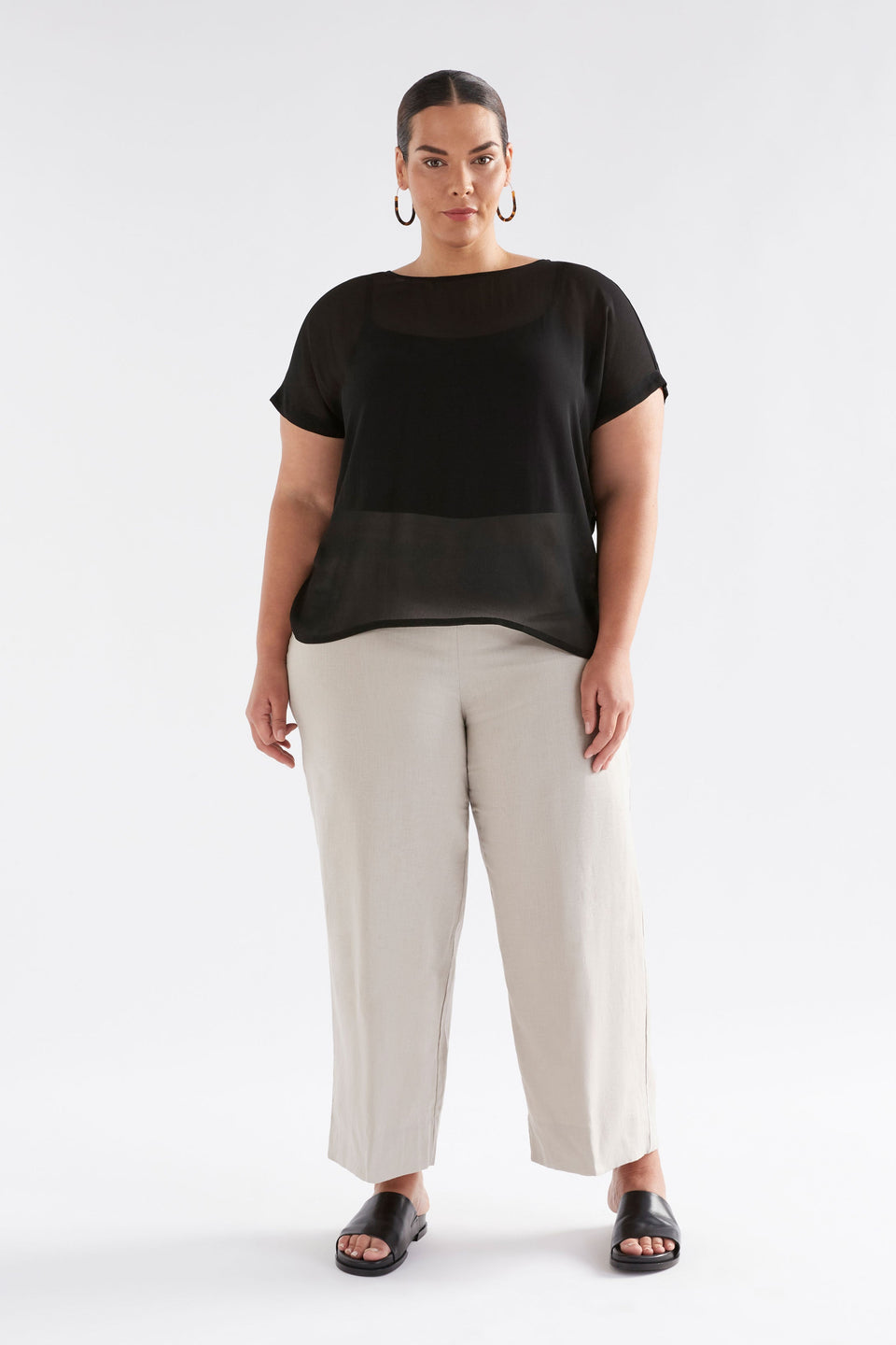 Sheer Back Gathered Detail Round Neck Chiffon Top Model Front Full Body Curve | BLACK