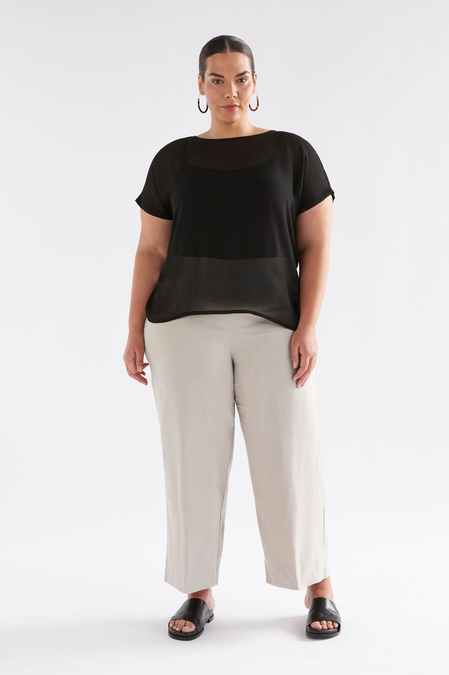 Sheer Back Gathered Detail Round Neck Chiffon Top Model Front Full Body Curve | BLACK