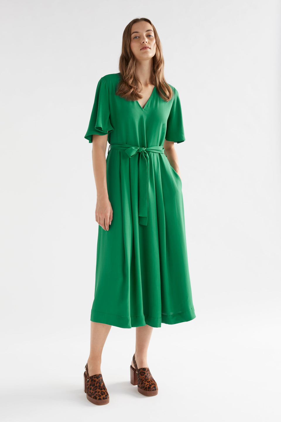 Deili V-Neck Flutter Sleeve A-line Dress Model Front | JEWEL GREEN