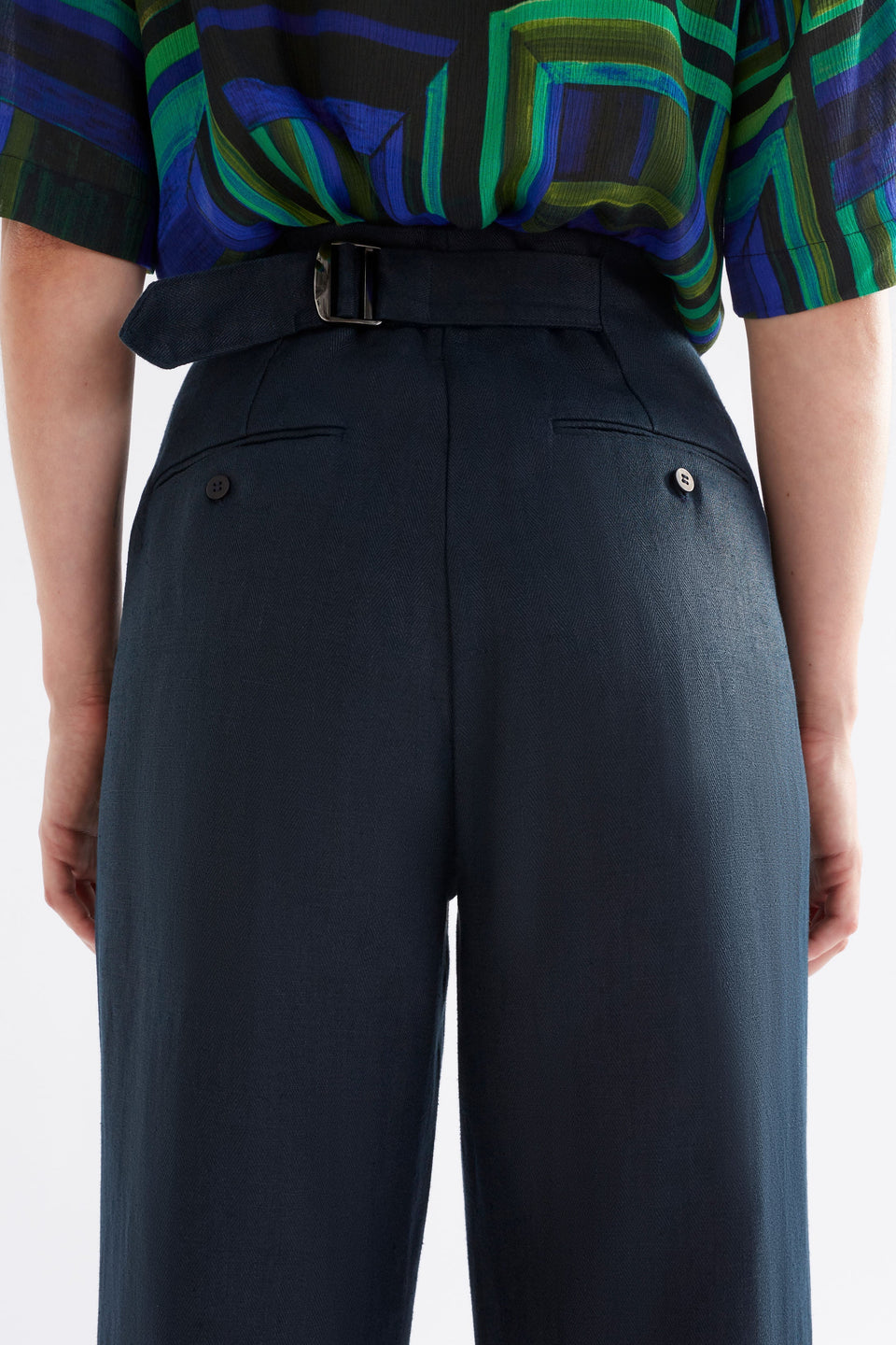 Njord Hemp Herringbone High Waist Pleat Front Pant Model Back Detail 2 | INK