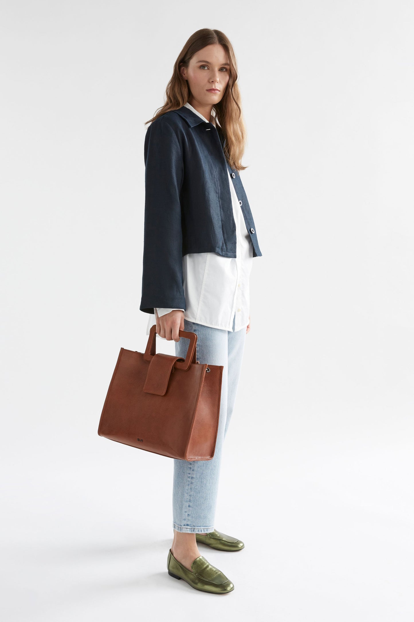 Njord Hemp Herringbone Relaxed Button Up Jacket Model Side | INK