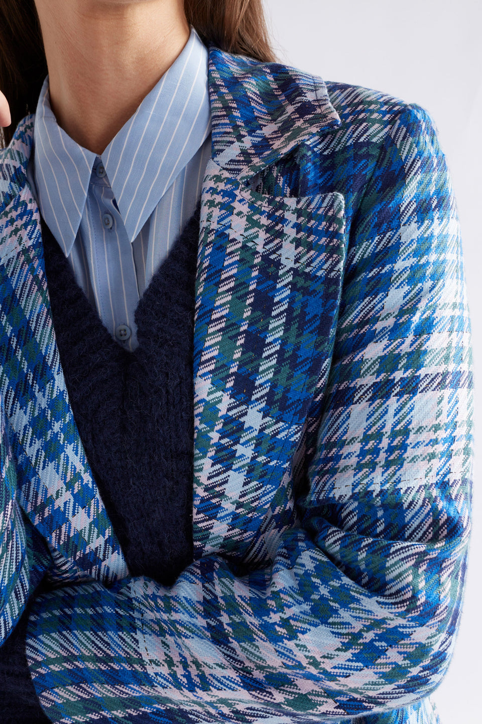 Ranie Double Breasted Woven Linen Check Blazer Jacket Model Front detail  | BLUE MULTI CHECK