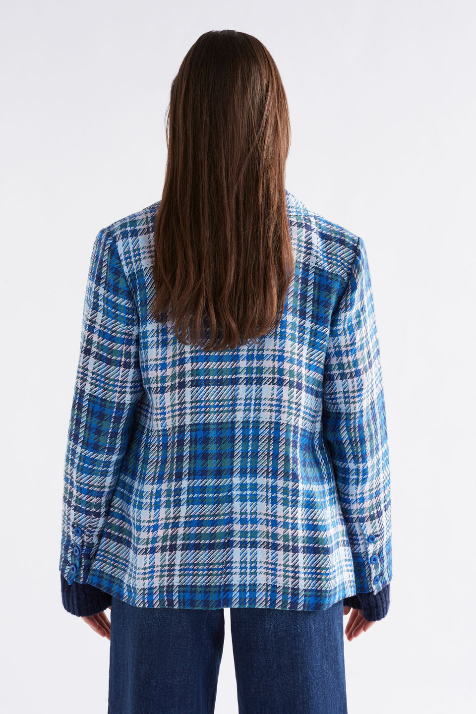 Ranie Double Breasted Woven Linen Check Blazer Jacket Model Back | BLUE MULTI CHECK