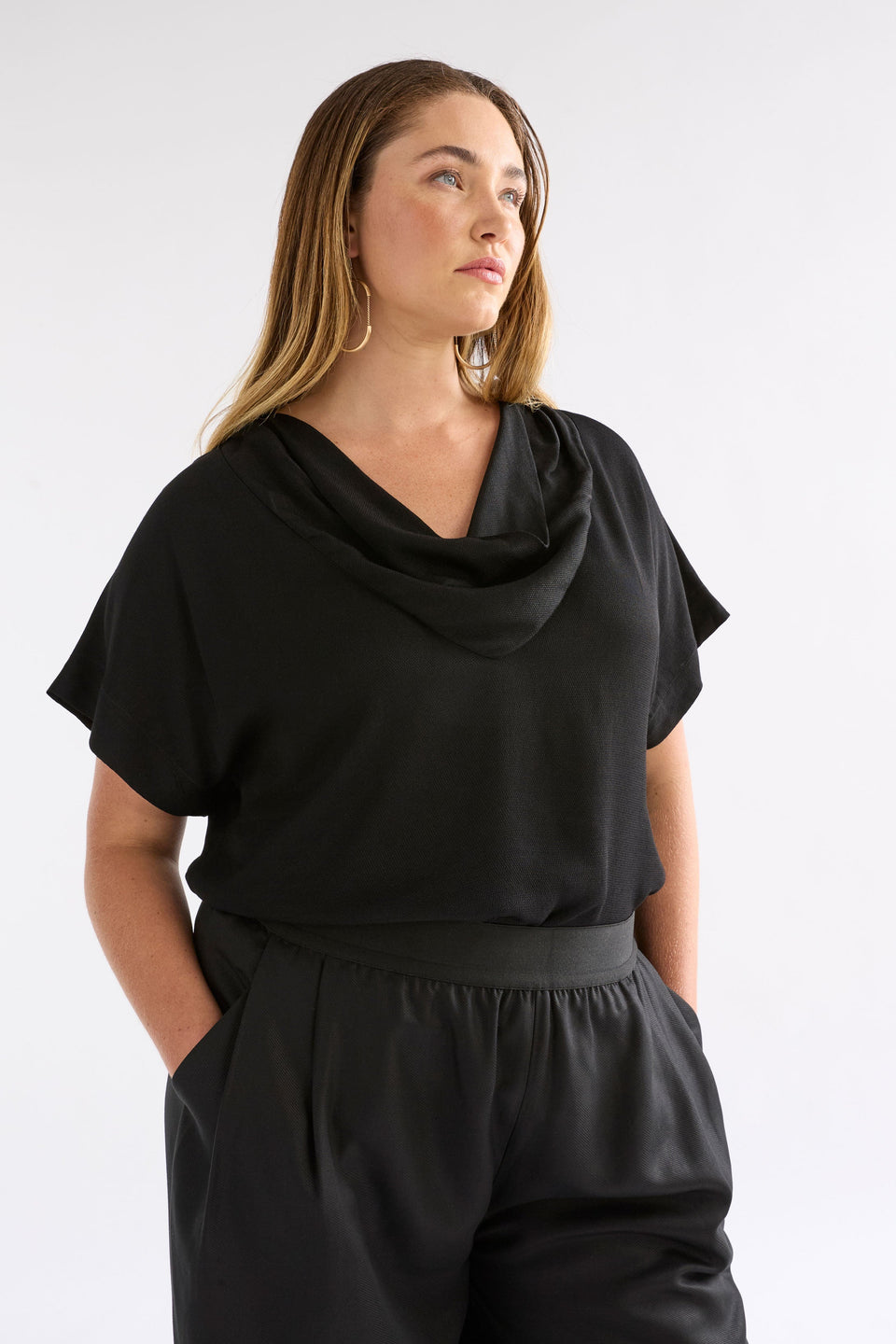 Pemma Textured Viscose Cowl Neck Short Sleeve Top Model Chanel front | BLACK