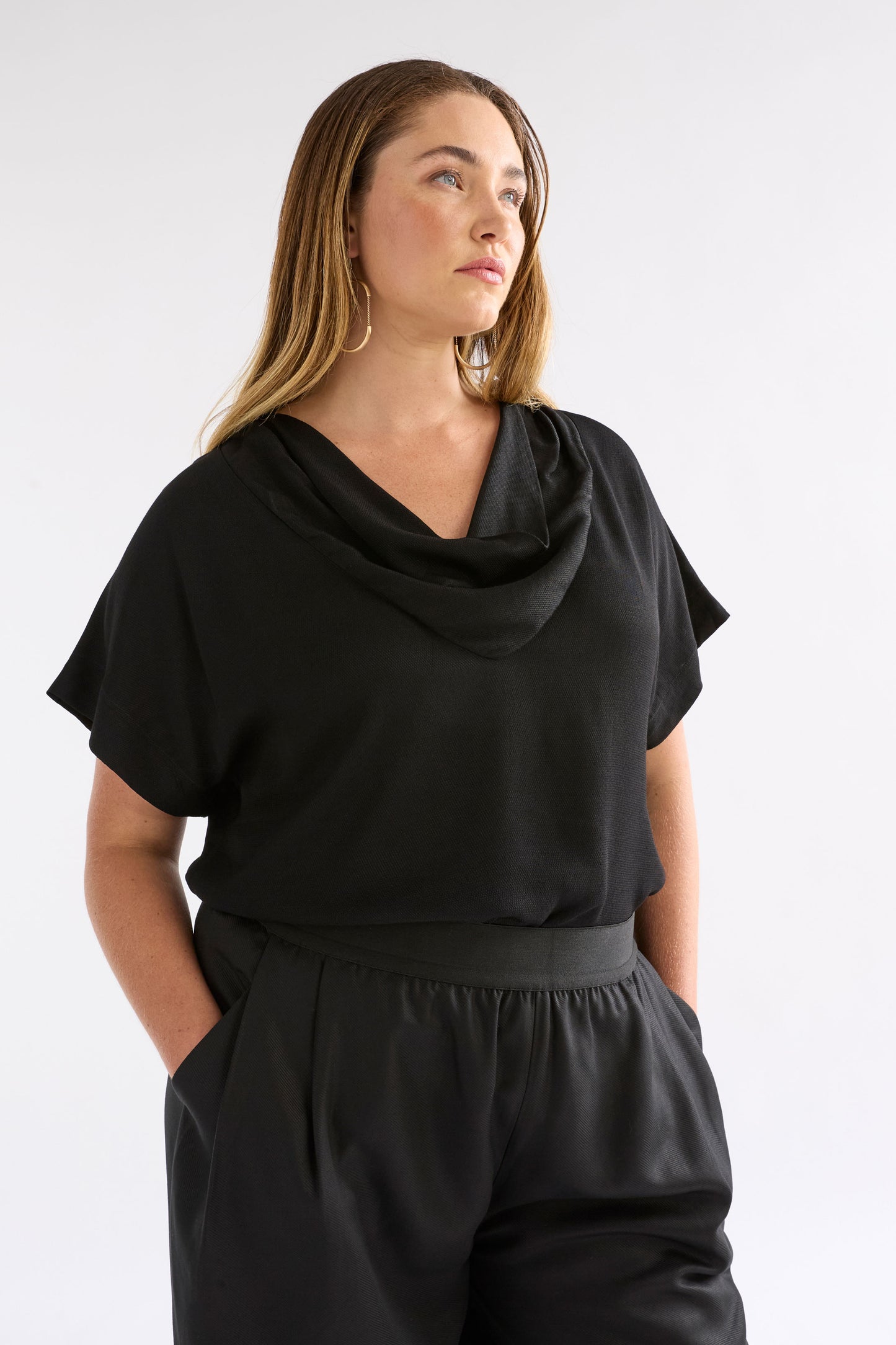 Pemma Textured Viscose Cowl Neck Short Sleeve Top Model Chanel front | BLACK