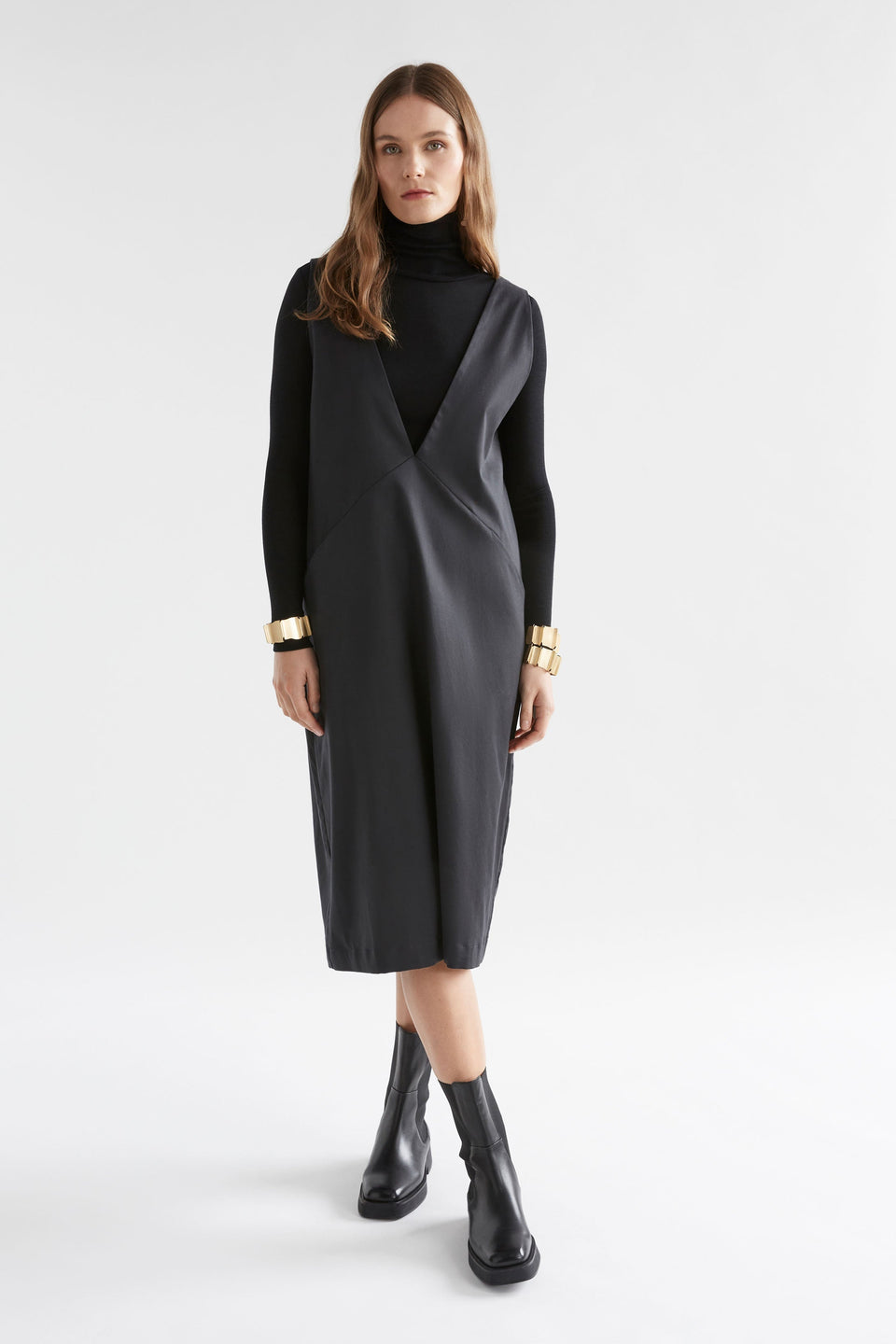 Ronne Deep V Pinafore Dress Model Front | BLACK