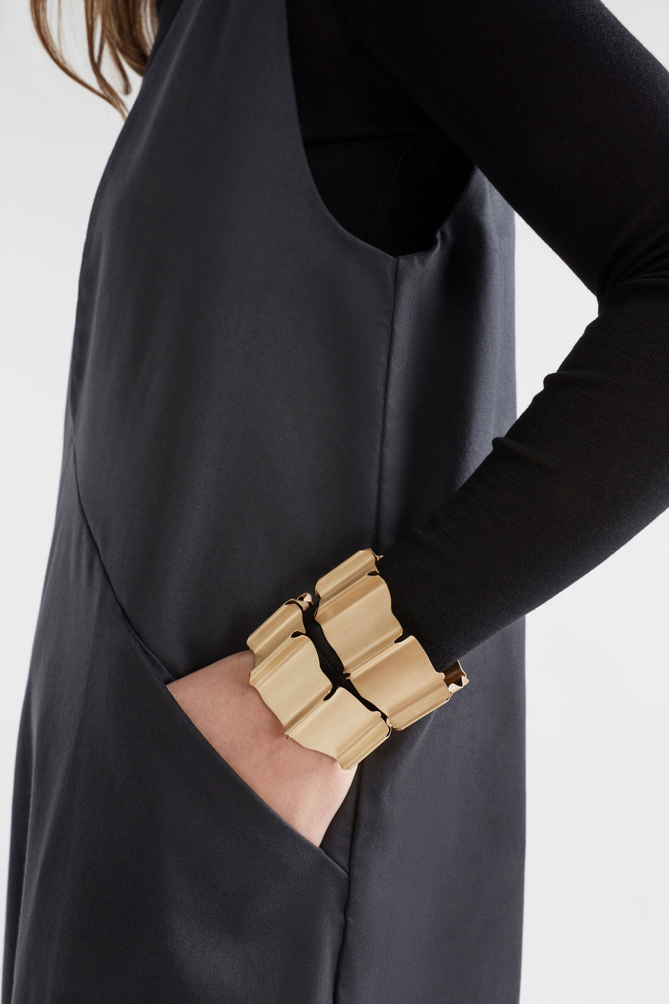 Ronne Deep V Pinafore Dress Model Side Detail | BLACK