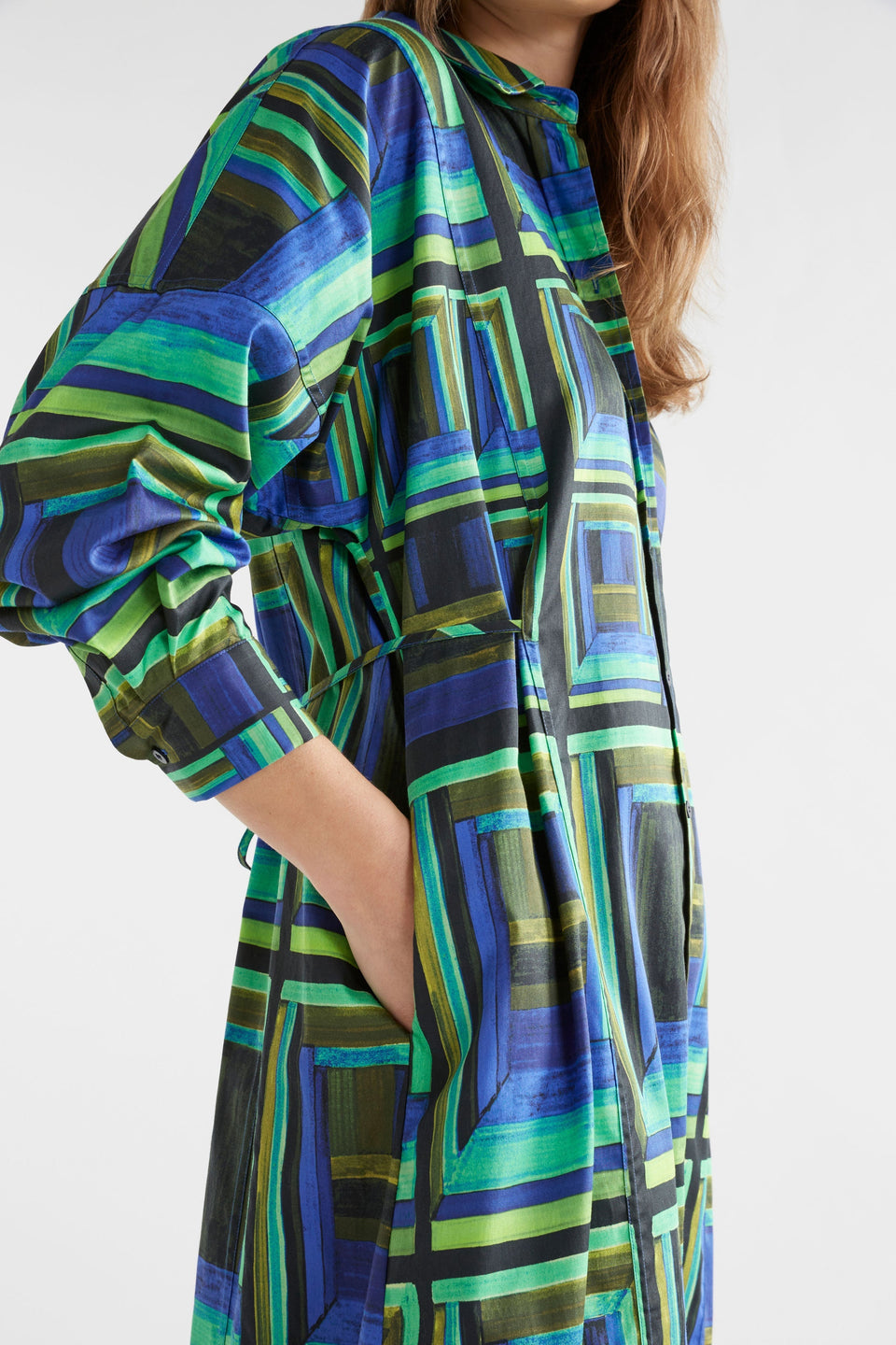 Rodan Organic Cotton Print Long Sleeve Shirt Dress Model Side Detail | SALONE PRINT