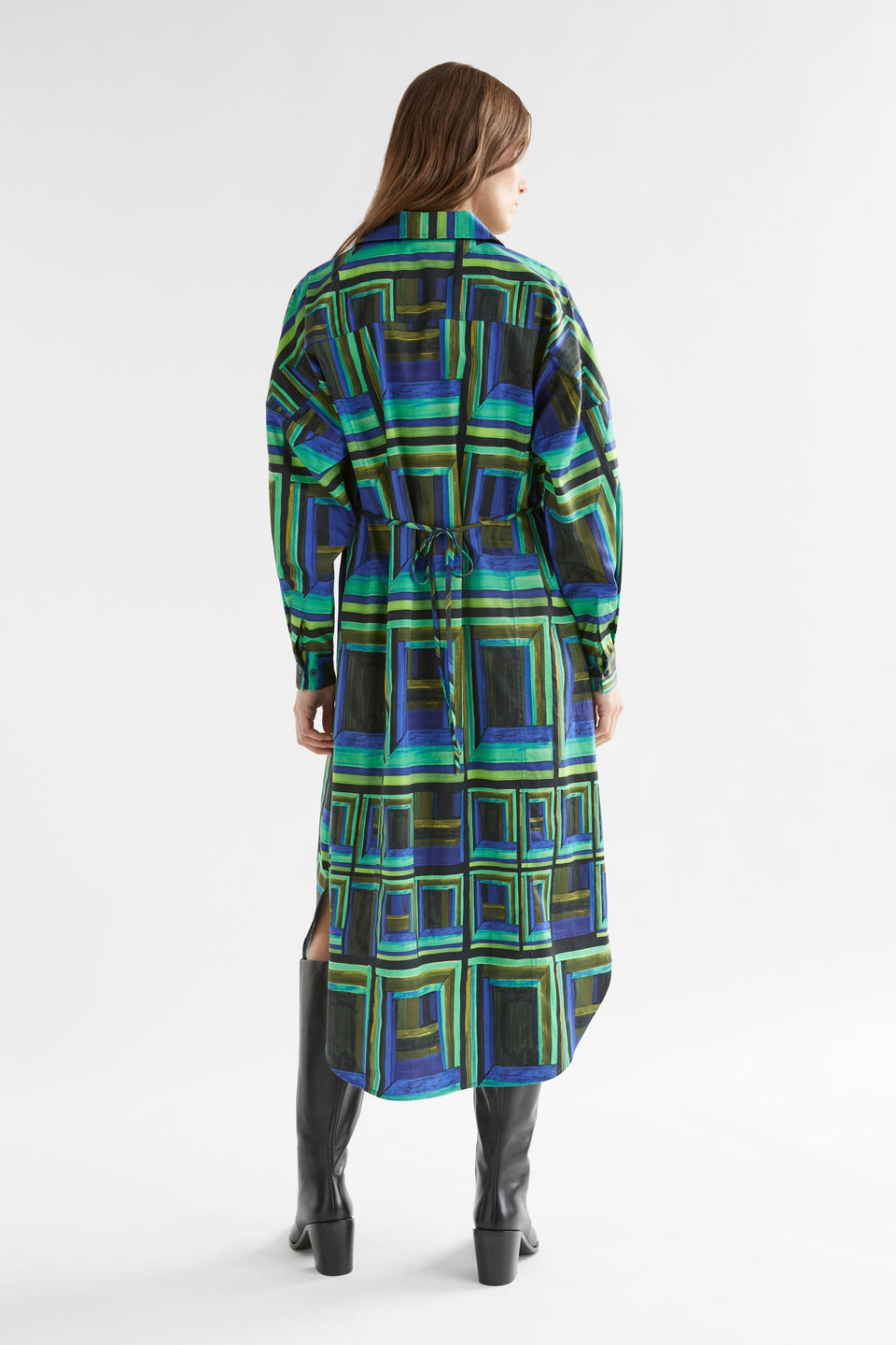 Rodan Organic Cotton Print Long Sleeve Shirt Dress Model Back | SALONE PRINT