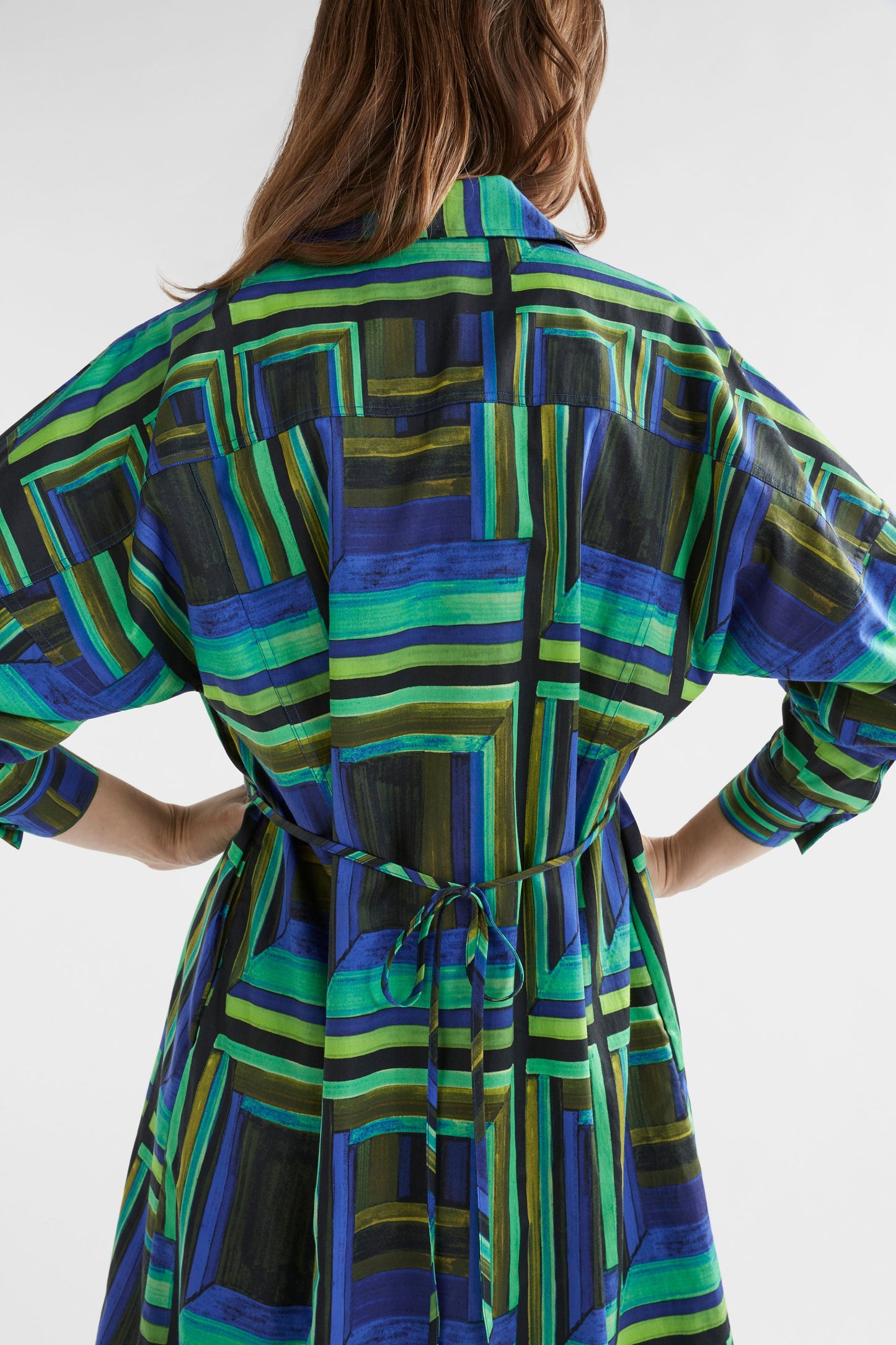 Rodan Organic Cotton Print Long Sleeve Shirt Dress Model Back detail | SALONE PRINT