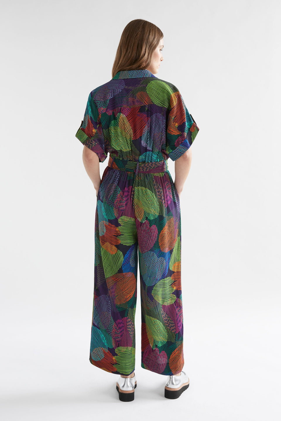 Maar Short Sleeve Wide Leg Print Waisted Jumpsuit Model Back | OMBRA PRINT