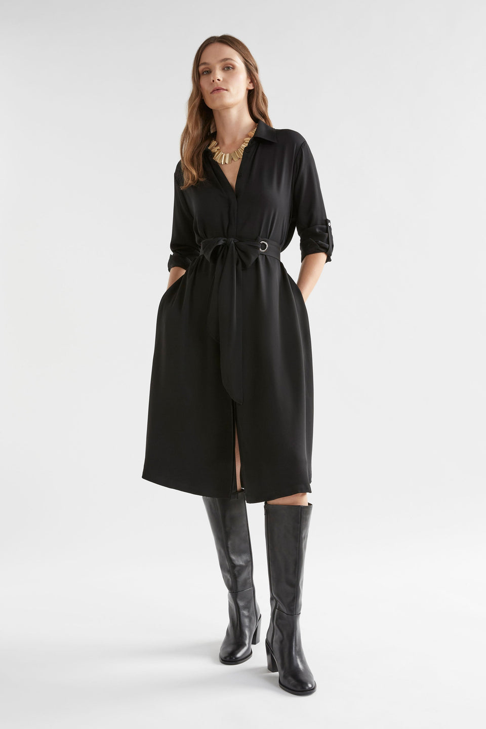 Sjova Waist Tie Shirt Dress Model Front | BLACK
