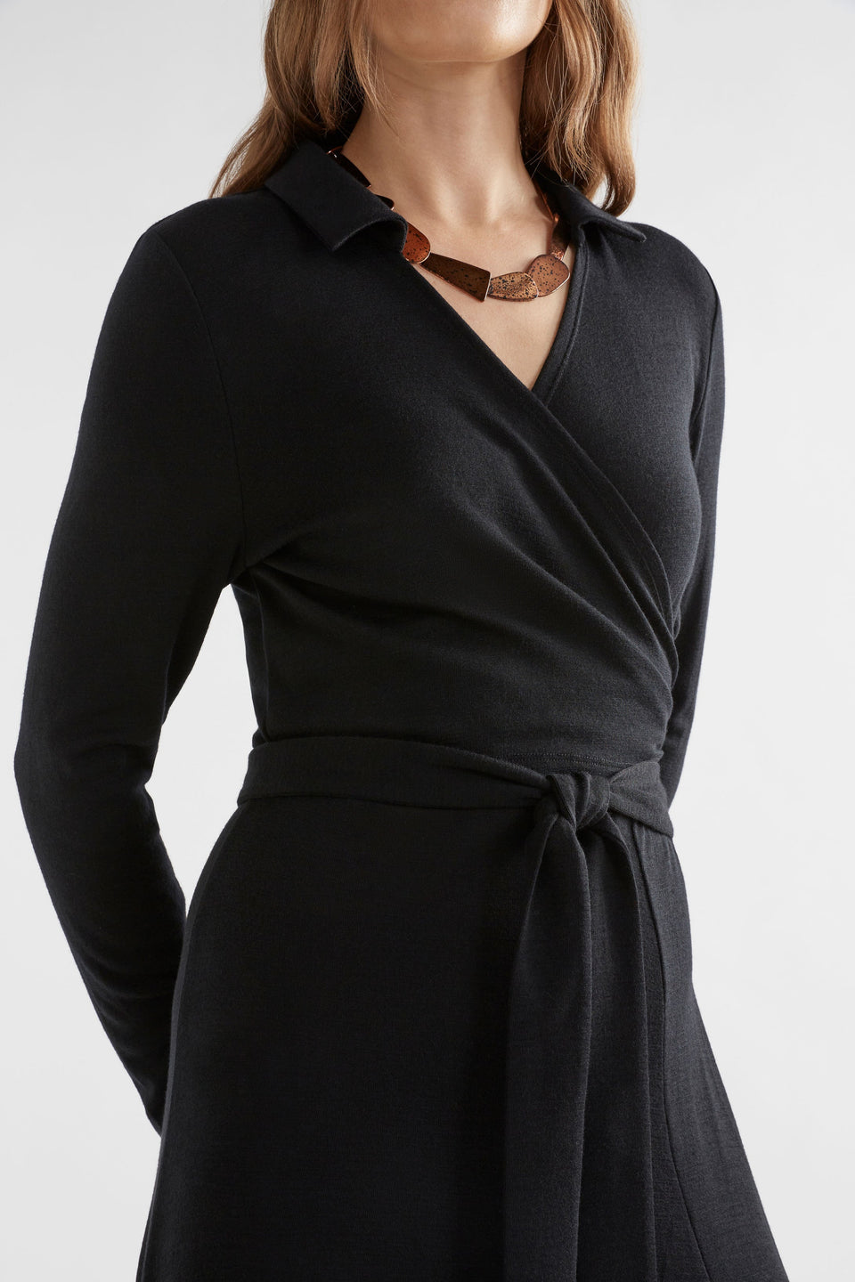 Merino Wool Wrap Collared Long Sleeve Midi Dress Model Front Detail | BLACK