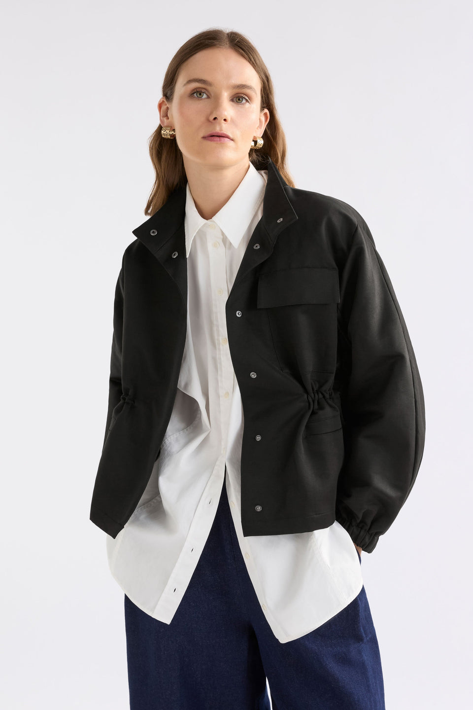 Kobi Cotton Drawstring Waist Short Jacket Model Front | BLACK