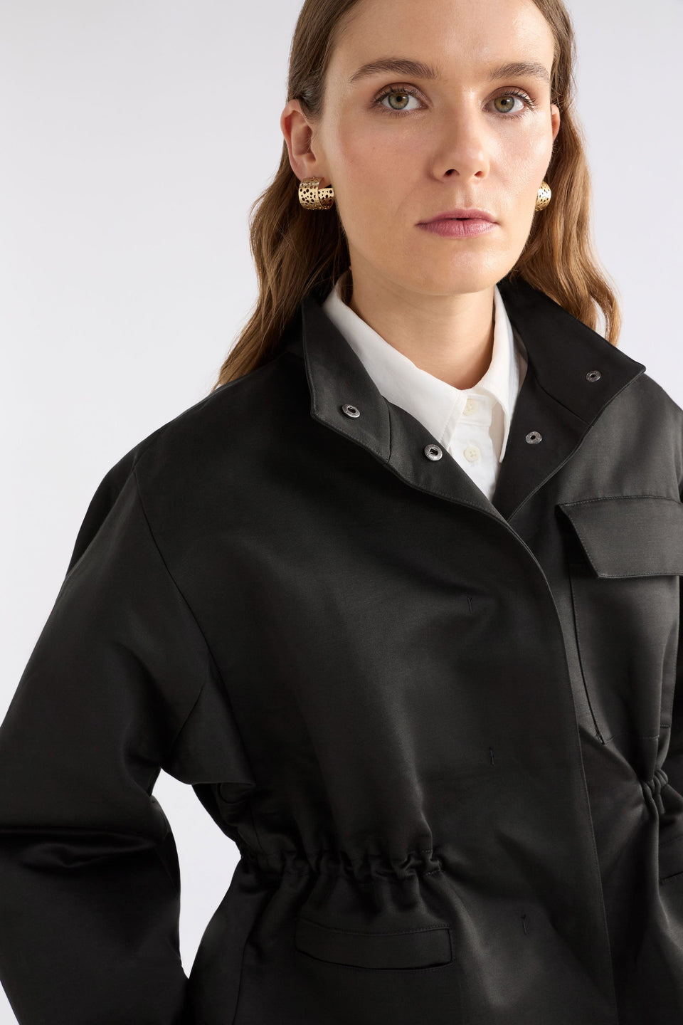 Kobi Cotton Drawstring Waist Short Jacket Model Front Detail | BLACK