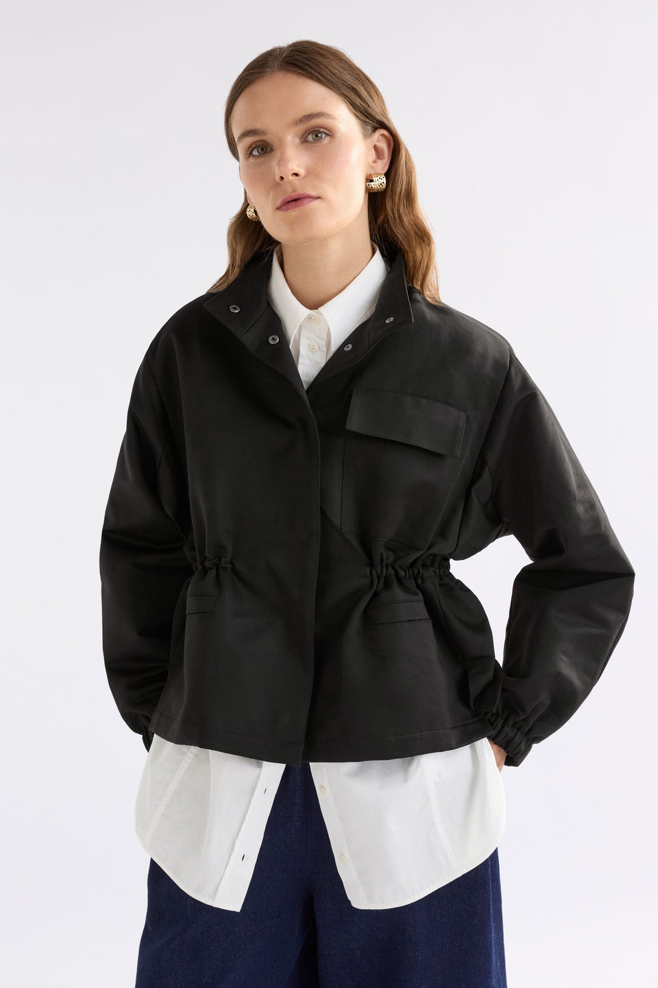 Kobi Cotton Drawstring Waist Short Jacket Model Front closed | BLACK