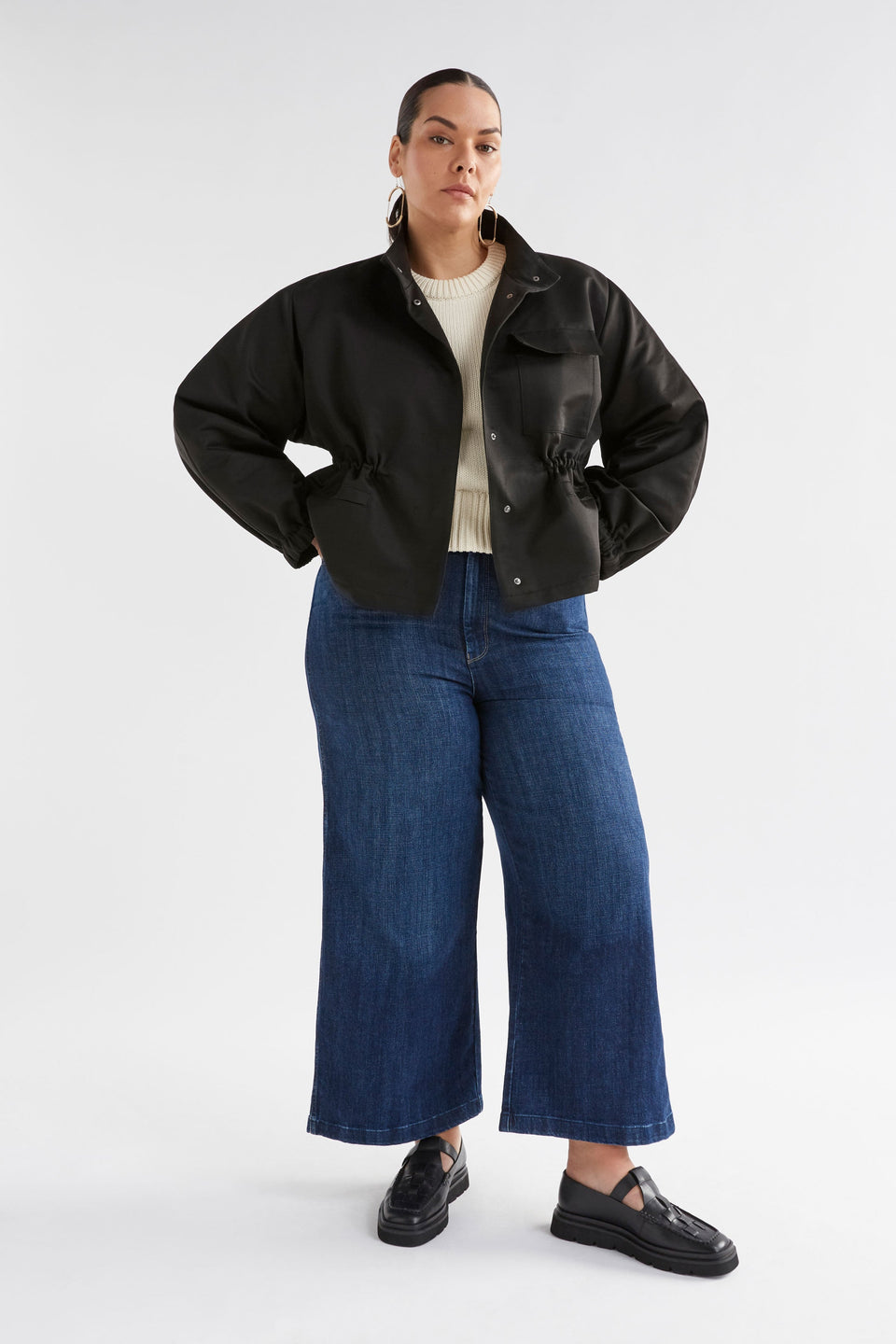 Kobi Cotton Drawstring Waist Short Jacket Curve Model Front full body | BLACK