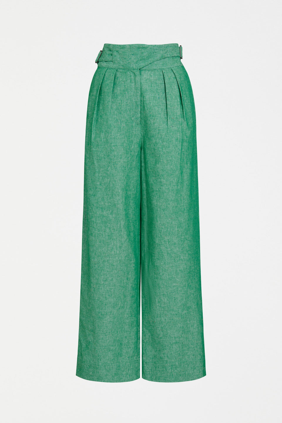 Alpah High Waisted Wide Waist Band and Leg Linen Organic Cotton Pant Model Hem Front | GREEN SPECKLE