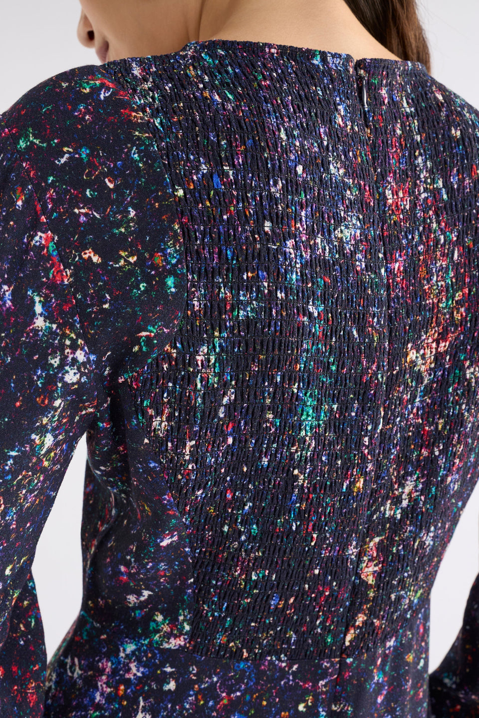 Solina Long Sleeve Midi Print Dress with Shirring Detail Model Back Detail | TOLA PRINT