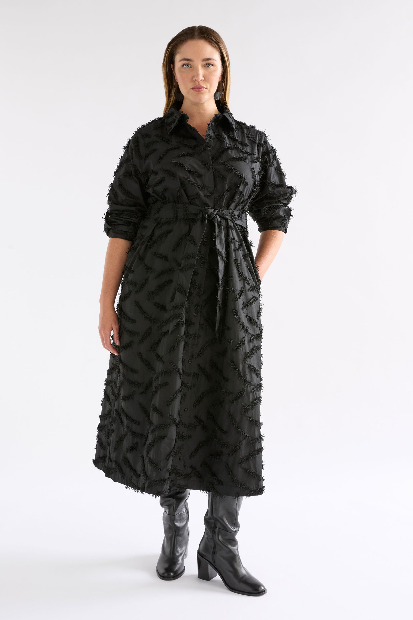 Etra Statement Embroidered Organic Cotton Long Sleeve Shirt Dress Model Chanel Front | BLACK