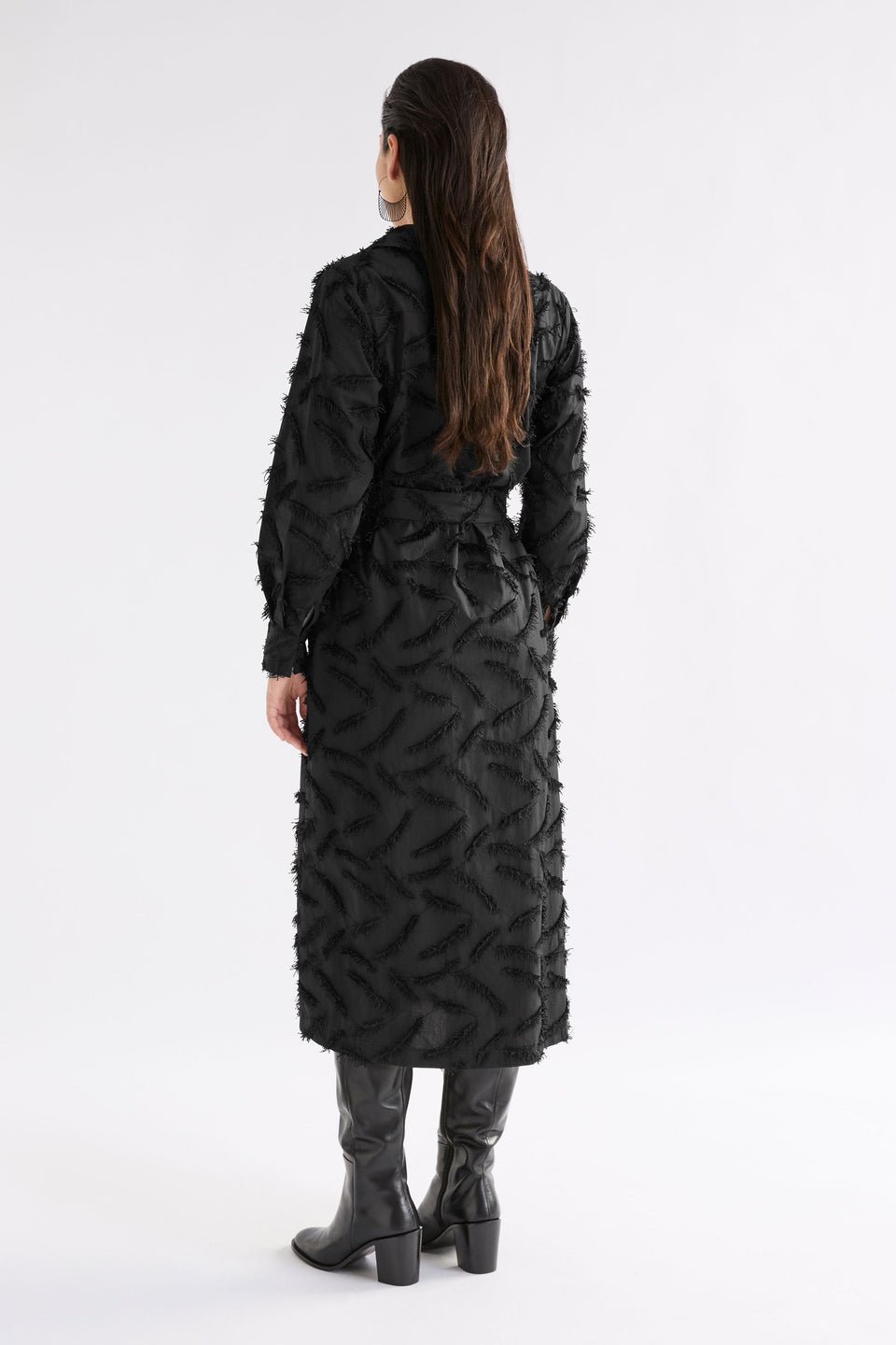 Etra Statement Embroidered Organic Cotton Long Sleeve Shirt Dress Model Back | BLACK
