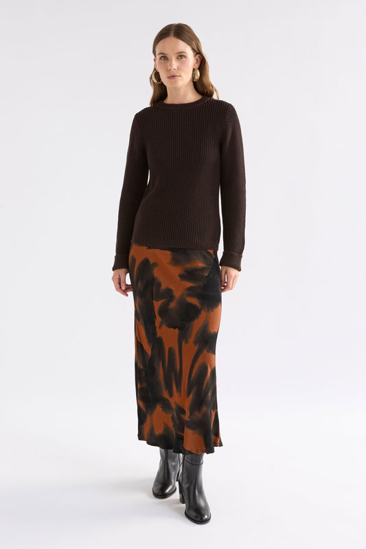 Quinn Midi Elastic Waist Bias Cut Print Skirt Model Front | TORTOISE SHELL PRINT