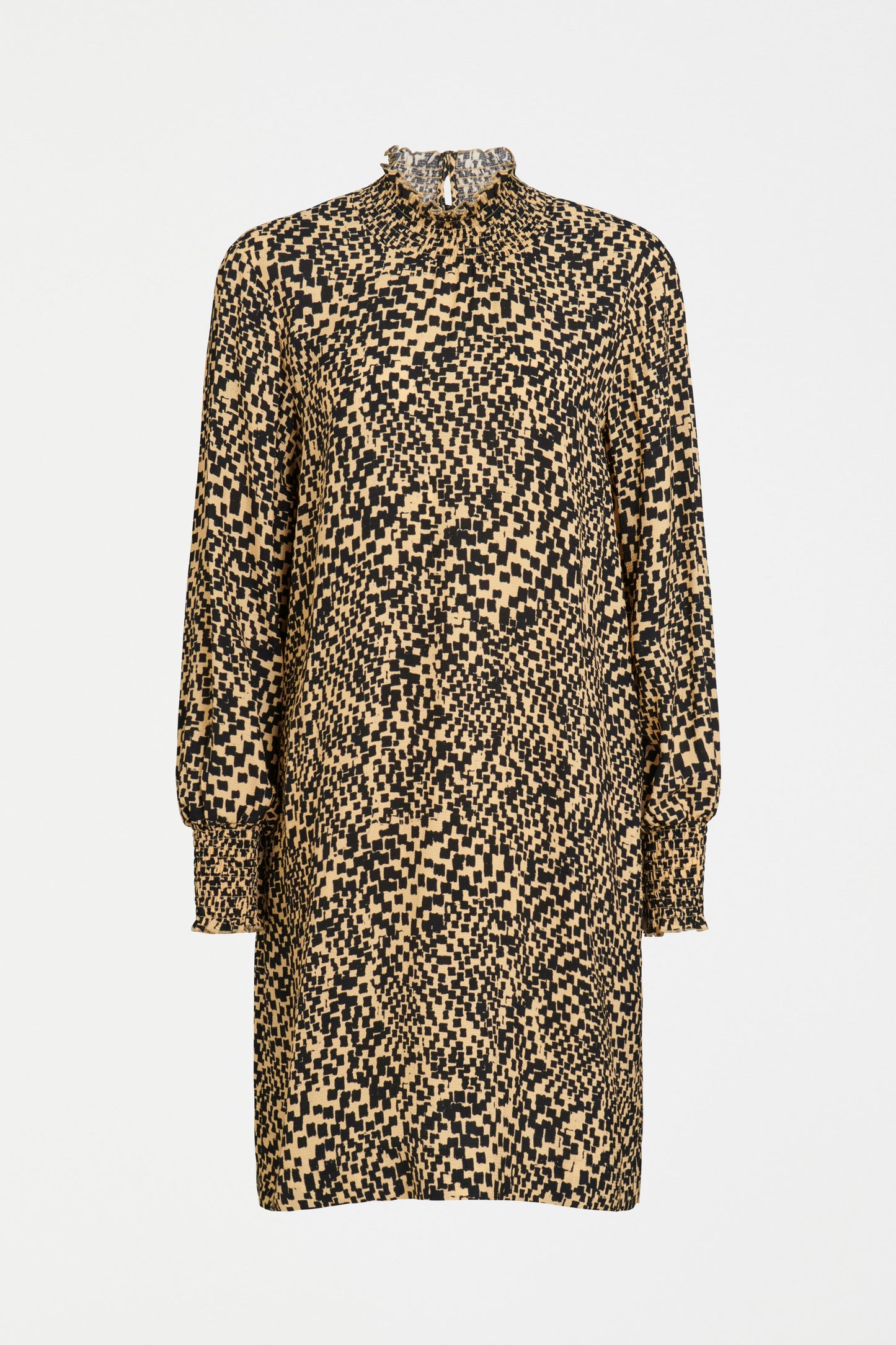 Veda Shirred Neck Detail Long Sleeve Shift Dress Curve Model Front | BEIGE SINDA PRINT